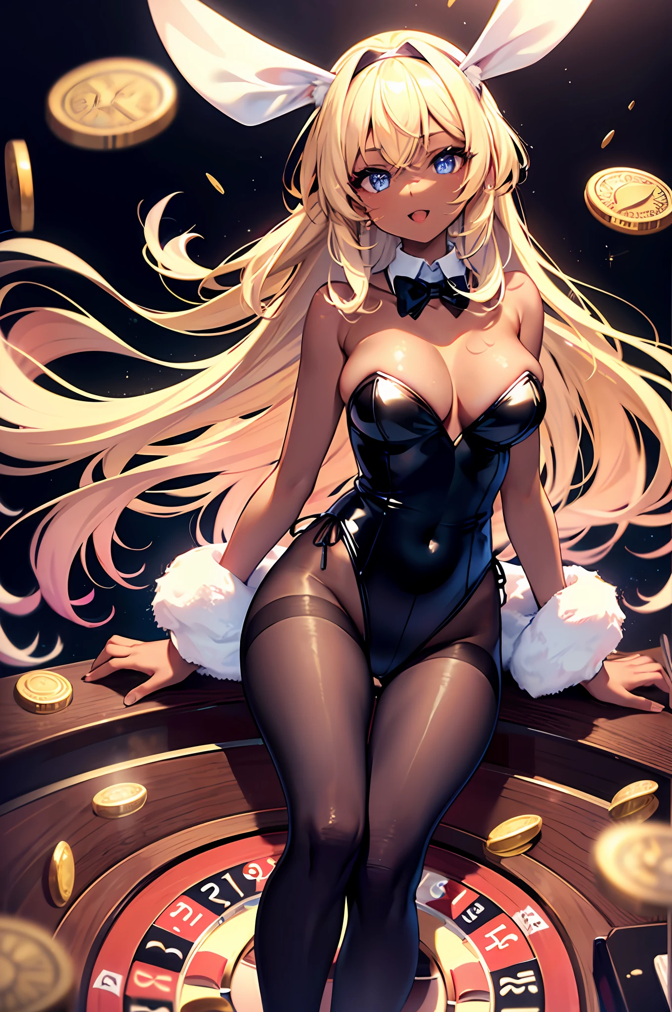 Highest quality, The Masterpiece, unbelievably beautiful, very delicate 8k wallpaper, Transcendently Beautiful Girl, (beautifully detailed eyes), gals, (dark skin:1.1), (long Blonde Hair Pink Gradient Hair), BREAK, flat_chest, huge_breasts, wide_hips, Open your mouth and laugh smile, long eyelashes, makeup, BREAK, Bunny girl, rabbit ear headband, rabbit tail, Enamel leotard, wrist_cuffs, bowtie, black_pantyhose, high_heels, BREAK, (five fingers, 4fingers and 1thumb), (bare arms, bare shoulders), casino, roulette table, lots of coins,