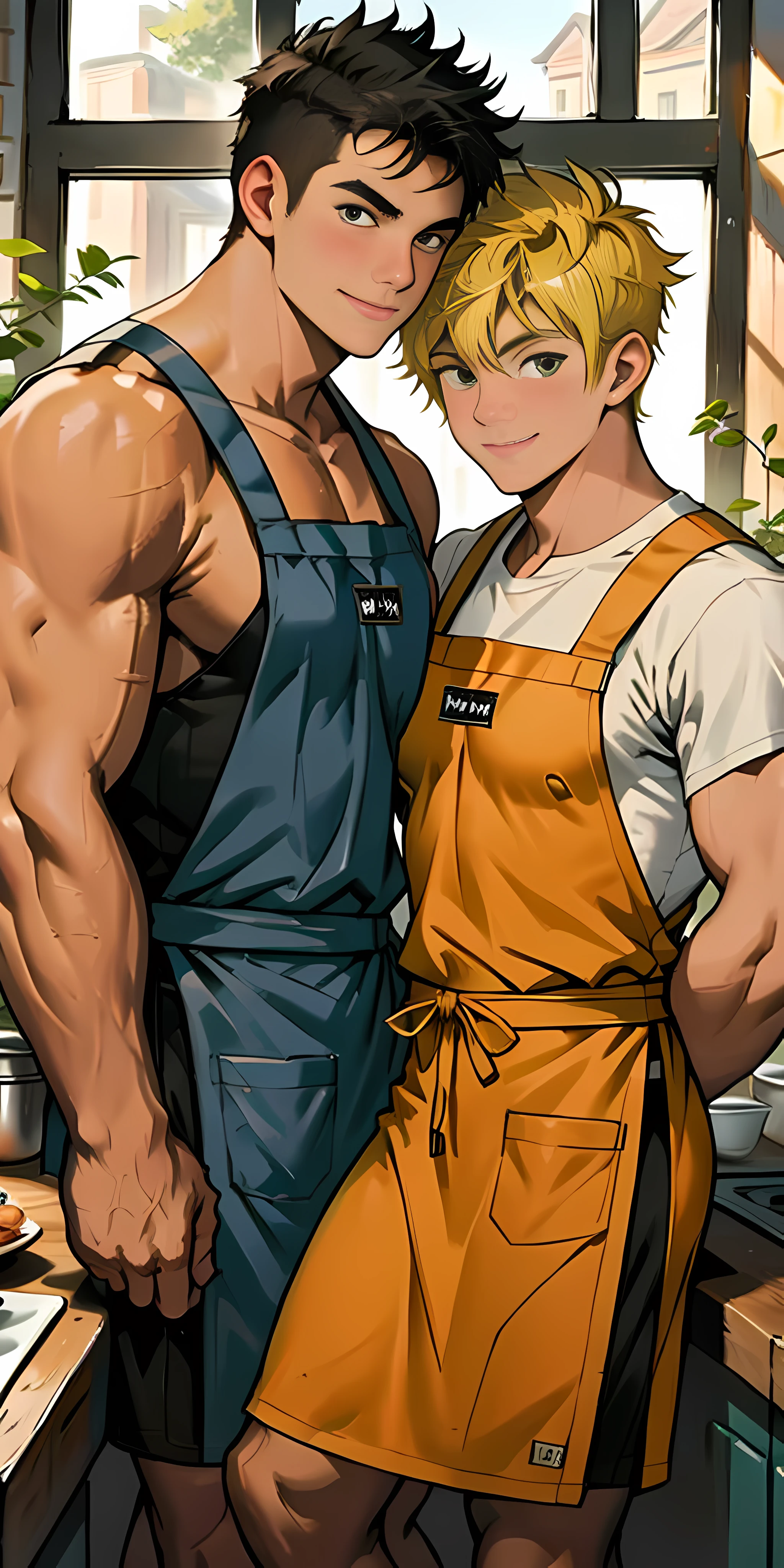 2 Muscle man，kitchens，rays of sunshine，Make cakes together，No vests，Wearing only an apron，Sit together，looking to the camera，