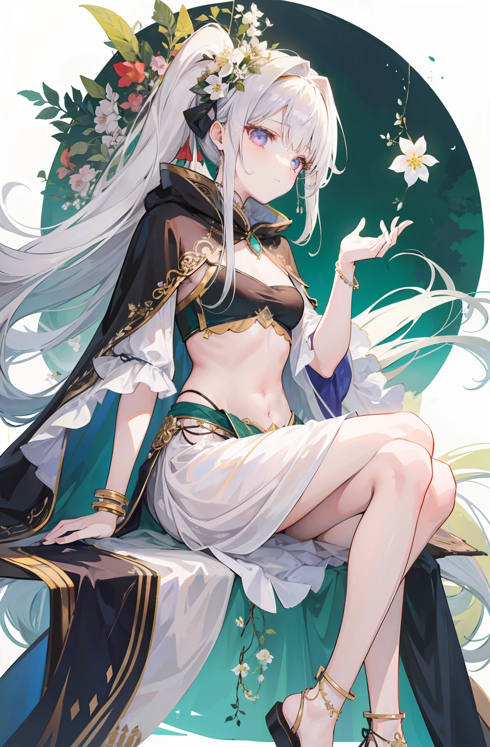(Extremely delicate and beautiful:1.2),1girll, ，long  white hair，High ponytail，Bow and arrow in hand，metal decoration，Anklets，Bracelet，Dark green lined cloak，brown clothes，Dark green bandeau，Dark shawl，Lilac eyes，with a round face，ssmile，Surrounded by falling flowers，long cape，Sit on a tree trunk，Clothes cover the legs，Exotic，Covers part of the waist，Metal headbands，There are flower decorations on the hair，