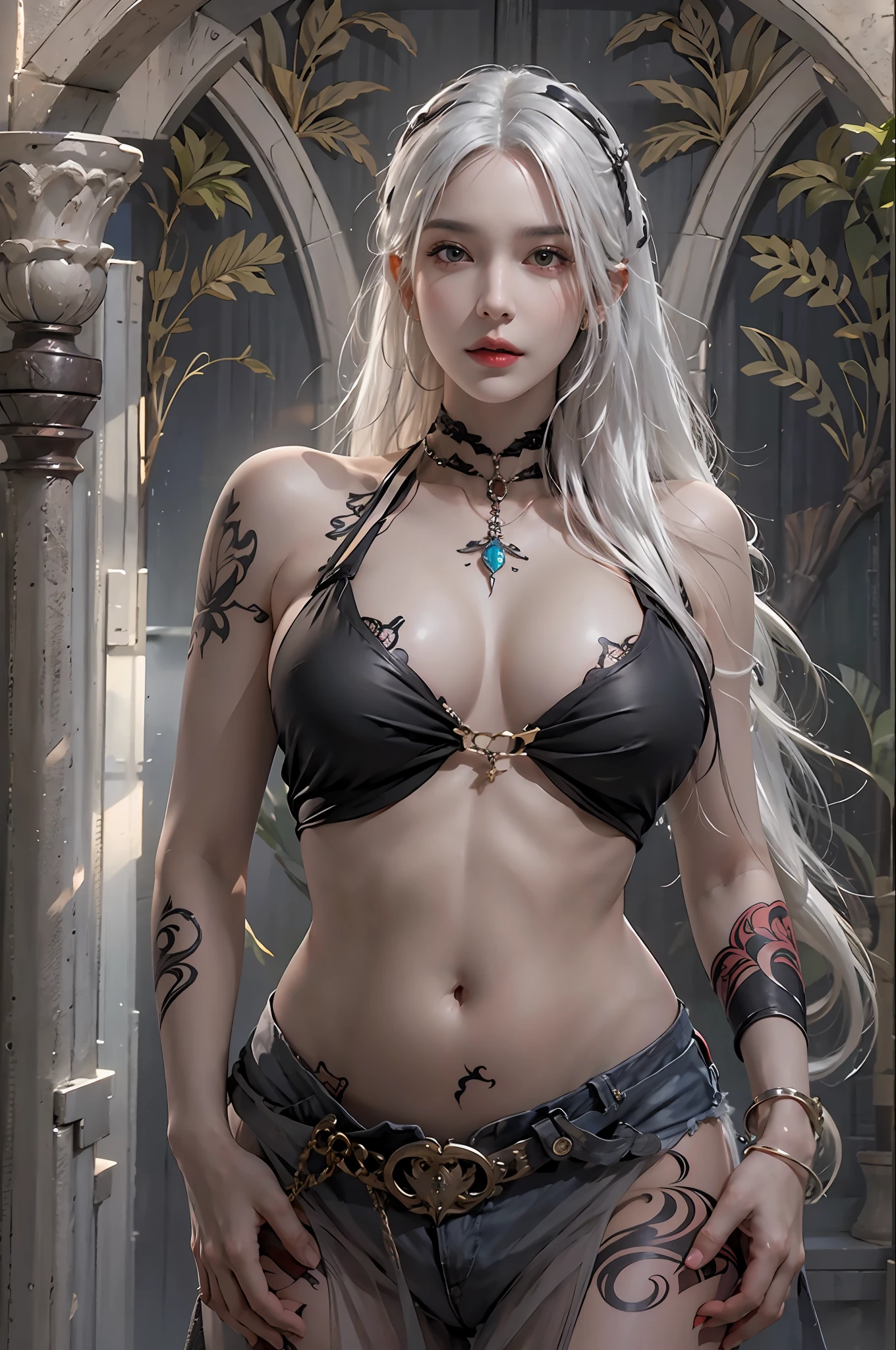photorealistic, high resolution, 1women, solo, hips up, look at viewer, (detailed face), white hair, long hair, medium breasts, succubus, belly tattoo