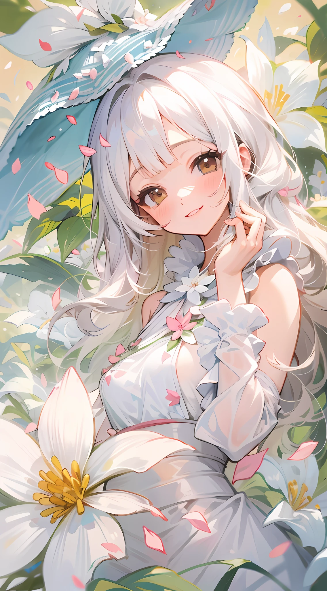 1 girl in、masterpiece、best qualtiy、Gentle smile、Brown eyes、White hair、Onepiece、Petals flutter、Delicate