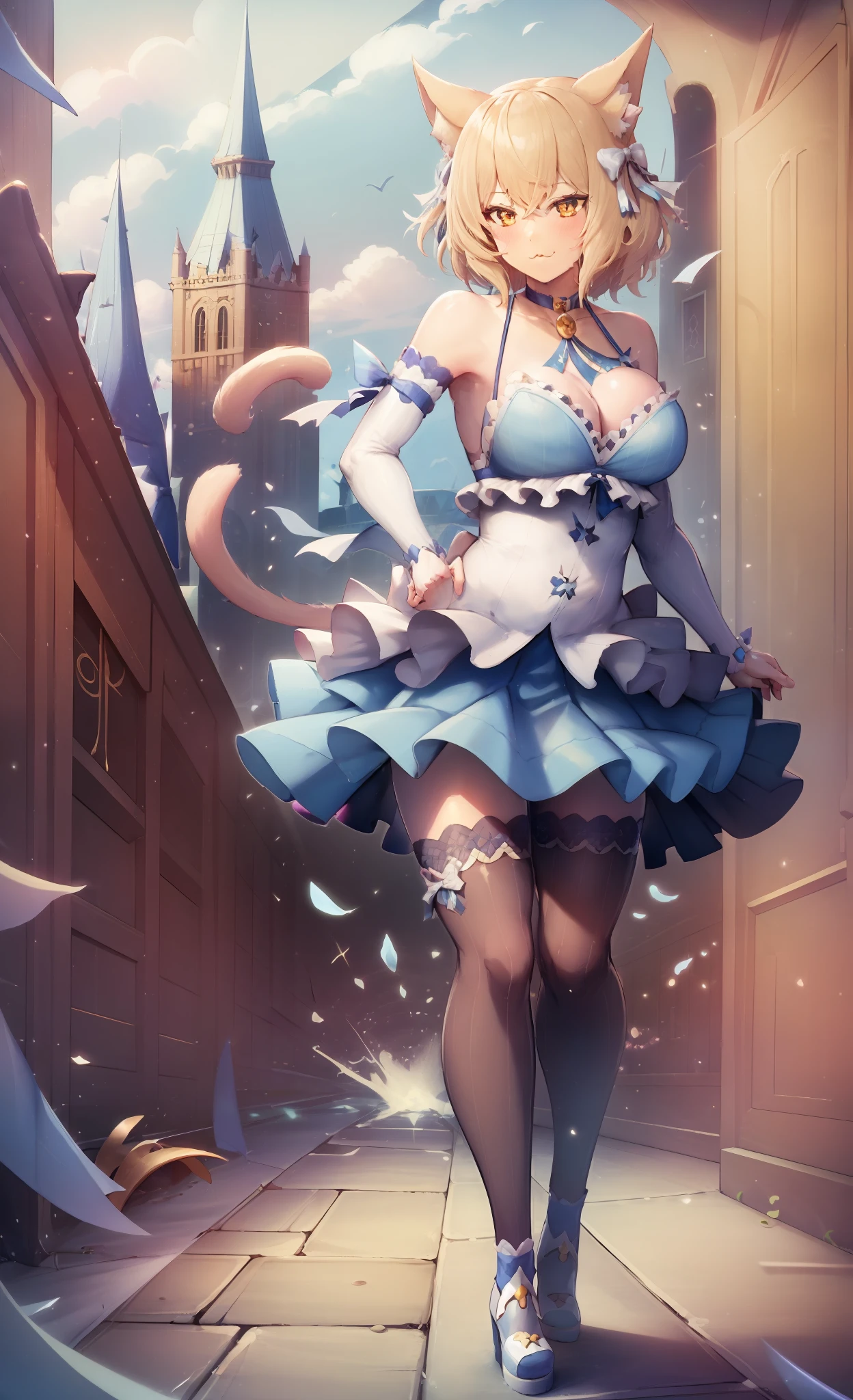 masterpiece, 1girl, felix_argyle, otoko no ko, \:3, standing, hands_on_hips, pantyhose, frilled dress, layered dress,(((blue)) thighhighs), inside of a castle in the background,curby, big breast, walking, smile, full body