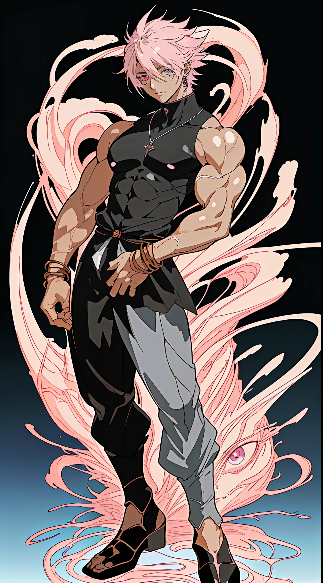 (anime) . Male (man), portrait, full body . (Masterpiece: 1.8), (64k quality), (final fantasy artwork concept), detailed (manga eyes + hair + clothes + body + face + colors + shoulders + eyes (globular + transparent + liquid) + (sharper drawings) + (shiny jewelry) + (clothes folds) + (rounded eyes) + (consistent clothes) + (clothing features) + (eyes line), better (colorful + (coarser line) + (black line) + finishing . [Drawing] (Anime (Manga (Comics))) + (Coarse Line: 1.8) + (Black Line: 1.8) + (Color: 1.8) + (Clean: 1.8) + (Contrast: 1.8) + (Black Outline: 1.8) + (adjusted colors: 1.8) + (shadow set: 1.8) + (manga eyes: 1.8) + (muscle: 1.5), ((made homogeneous: 1.3))