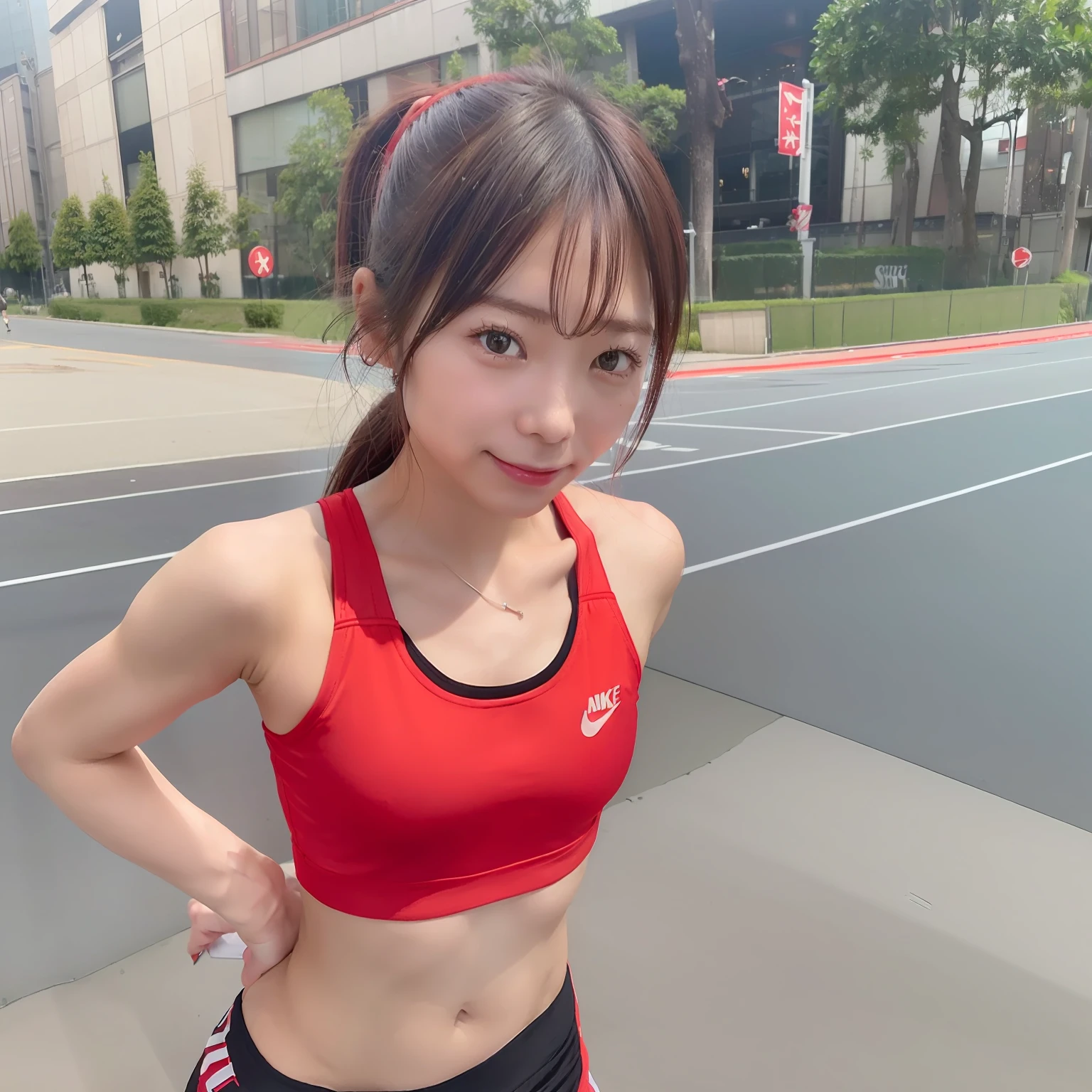 Solo Real Sports Girl, cute Japanese, 26 year old, (((Sports, Short, long, Running, Jogging, Marathon, exercise, track and field, Running, Running posture, Running, Feeling of Galloping, Sweat, Sweat, Sweating Lots)))), ((Red Thin Nike Sports Bra: 1.3, Thin Fit Red, Lower, shaking boobs)), (small and (Red sports panty: 1.2, low rise)), Sweat sticks、Body lines and chest protrusions are clearly revealed., smily face, Bulge Cloud, Cameltoe, Fine skin texture, realistic appearance,