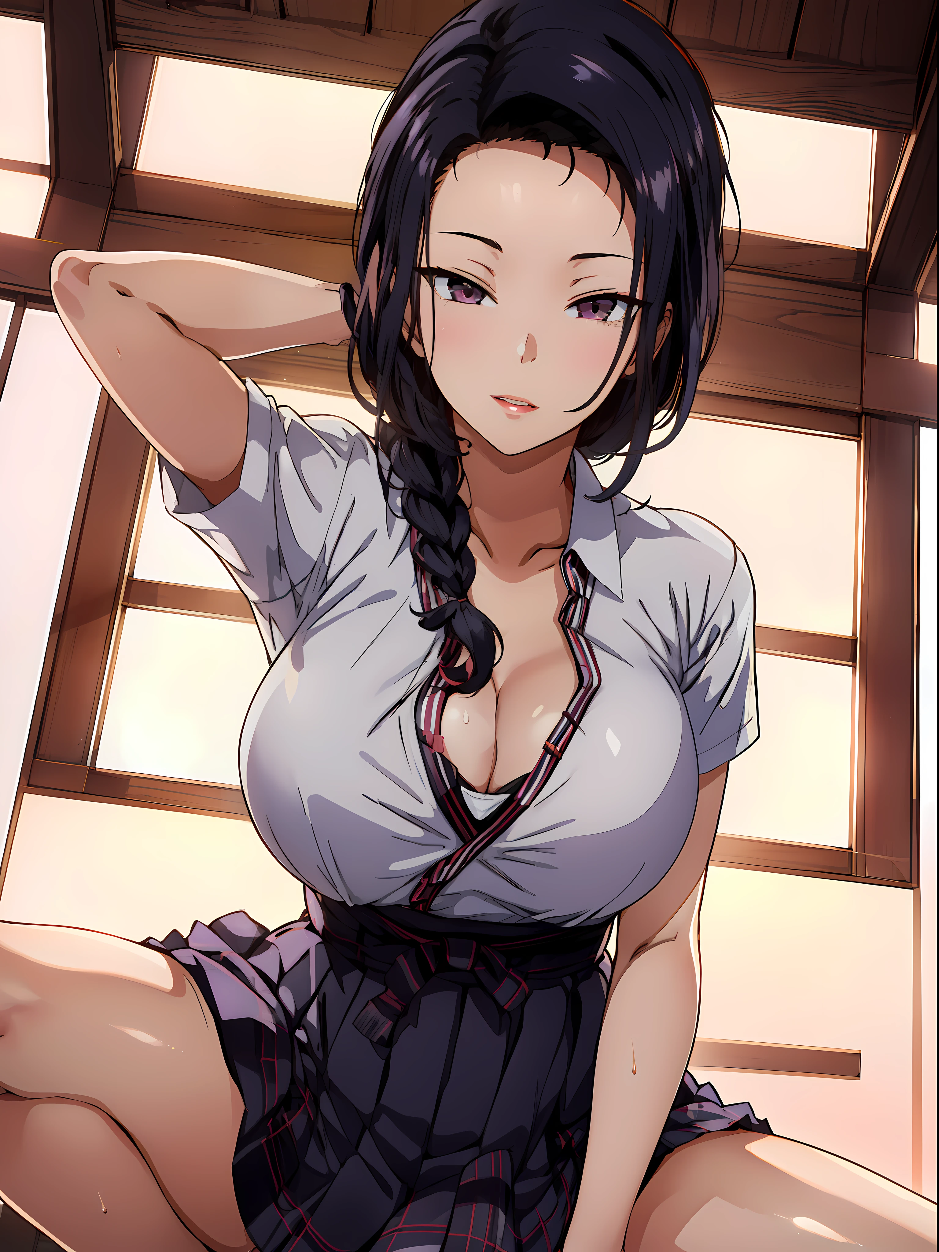 (highres, high quality, best quality:1.3), intricate details, vibrant image, colorful, volumentric lighting, saiminseishidou, Tsubaki Miyajima, 1girl, solo, cowboy shot, (from below:1.2), looking down, looking at viewer, eye contact, (spread legs:1.2), (skirt tug:1.3),
(seductive look:1.2), seductive smile,
(high school teacher outfit:1.4),cleavage,
black_hair, long_hair, hair_pulled_back,parted_lips,purple_eyes, braid,
1 girl, 24yo,mature female,Beautiful Finger,Beautiful long legs,Beautiful body,Beautiful Nose,Beautiful character design, perfect eyes, perfect face, perfect fingers, perfect hands, perfect breasts, perfect body, perfect mouth, perfect lips,
looking at viewer, in the center of the image,
SFW,official art,extremely detailed body, exteremly detailed face, extremely detailed hair, extremely detailed eyes, wallpaper, perfect lighting,Colorful, Bright_Front_face_Lighting,
(masterpiece:1.0), ultra high res,4K,ultra-detailed, 8K, HDR, highres, absurdres:1.2, Kodak portra 400, film grain, blurry background, bokeh:1.2, lens flare, (vibrant_color:1.2)
(Beautiful,large_Breasts:1.2), (beautiful_face:1.5),(narrow_waist),