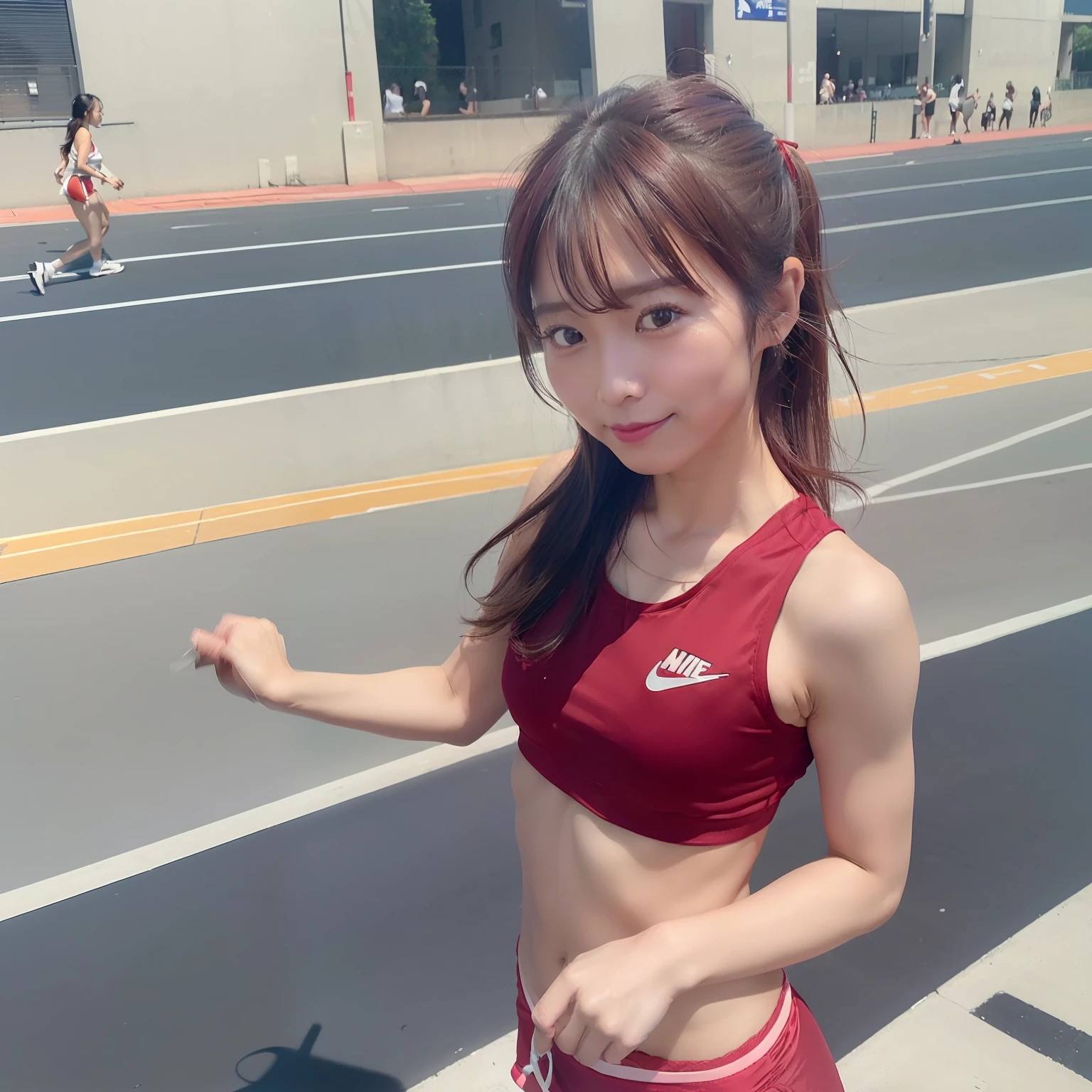 Solo Real Sports Girl, cute Japanese, 26 year old, (((Sports, Short, long, Running, Jogging, Marathon, exercise, track and field, Running, Running posture, Running, Feeling of Galloping, Sweat, Sweat, Sweating Lots)))), ((Red Thin Nike Sports Bra: 1.3, Thin Fit Red, Lower, shaking boobs)), (small and (Red sports panty: 1.2, low rise)), Sweat sticks、Body lines and chest protrusions are clearly revealed., smily face, Bulge Cloud, Cameltoe, Fine skin texture, realistic appearance,