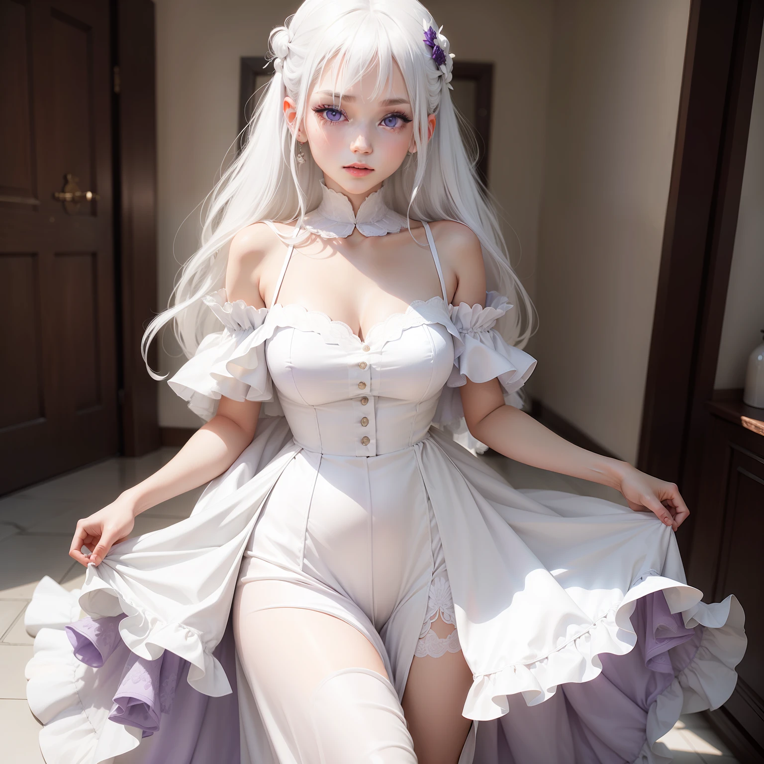 a girl, white hair, purple eyes, white dress