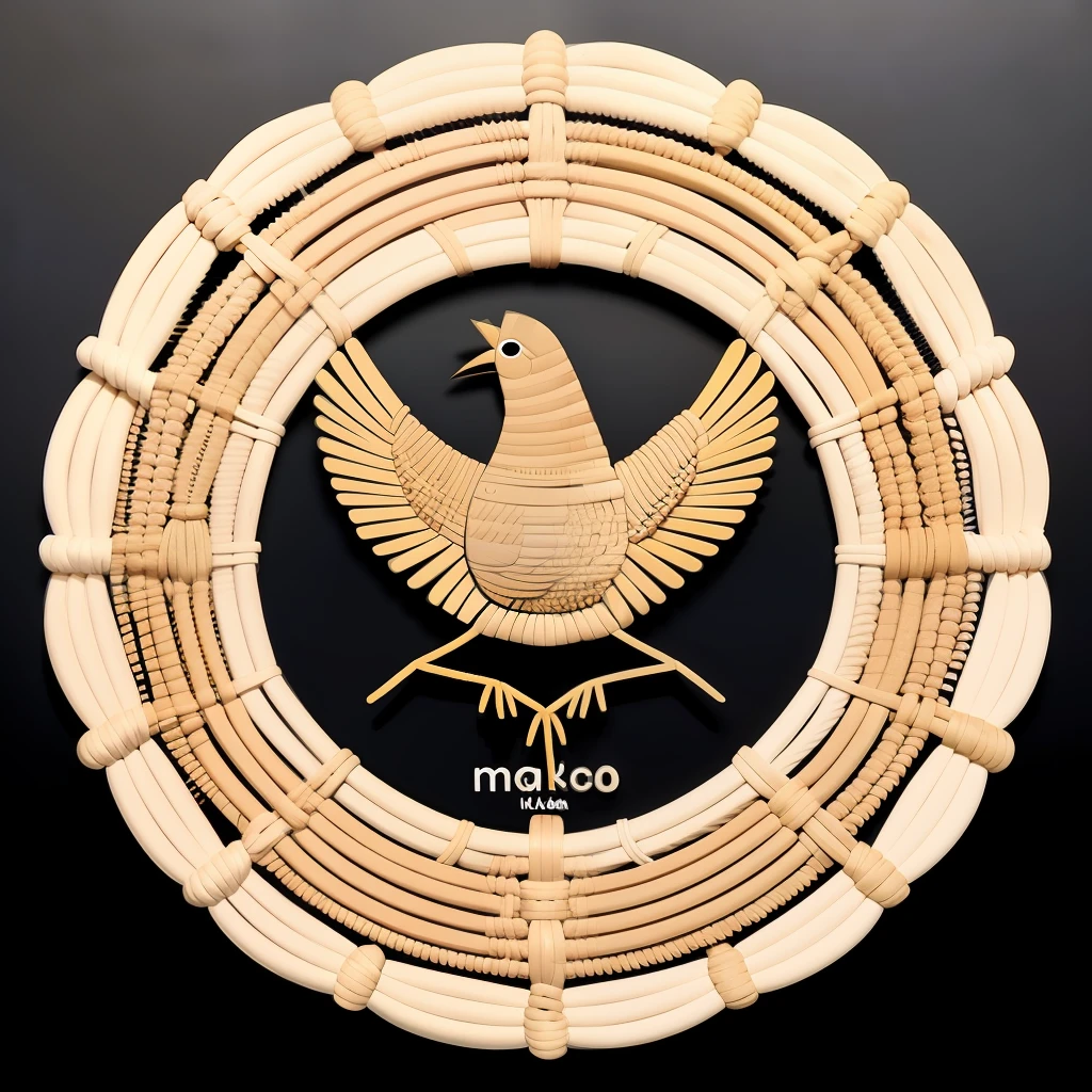 Logo circulo tejido en macrame con  una pluma de pavo real arriba y la palabra MAKRALIA en el centro.