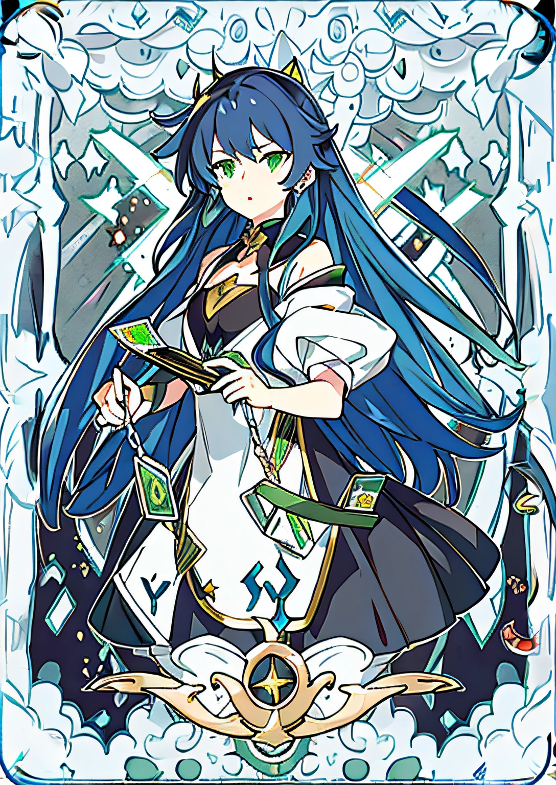 Blue long hair,Blue long hair,Blue long hair,The sides of the hair are tied with black ceremonies,Green eyes,Looks frustrating,Bigchest,Long white dress,verde claro,Black tones,The little crescent floats around you,Forward walking posture,Look at the eyes of the garbage,style de carte de tarot,Tarot cards representing the trial。
