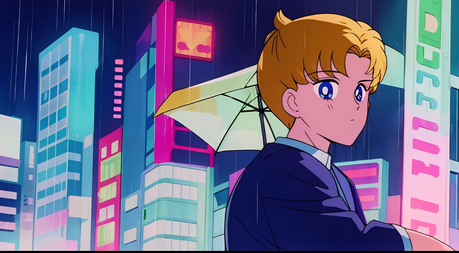 1boy,full bodyesbian,Golden hair,pony tails,blue color eyes,the night,Rainy days,city neon light,jaket