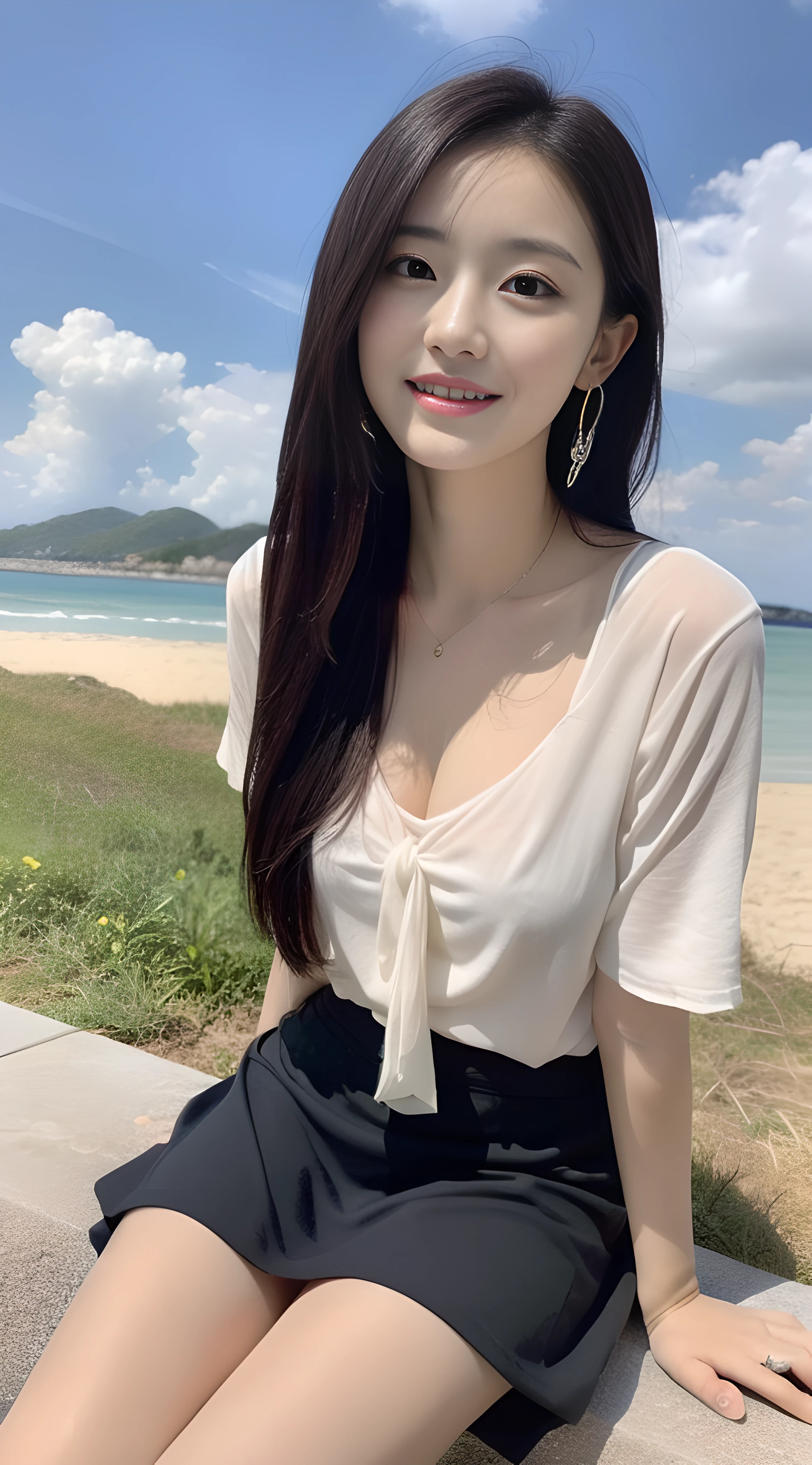 a young, Beautiful cute girl，Full body photo，Extremely beautiful and delicate，Black color hair，A sweet smile，Delicate and beautiful fair skin，Realistic and realistic，exquisite and complete facial features，Detailed depiction of the face，tall nose bridge，Smooth hair，extremely detail hair，Feminine temperament，Tall and tall，Thin，Realiy，White teeth，Tied up with hair，Hyper-realism，sandals，full body shot shot，Forward tilt angle,Extreme picture quality,Highest precision,Precise and perfect human anatomy。with blue sky and white clouds，with blue sky and white clouds，rays of sunshine，Cows, sheeps, (Chiffon skirt)（telephoto shot，）Express the landscape，Highlight portrait。Sitting on the beach by the sea。Wearing earrings