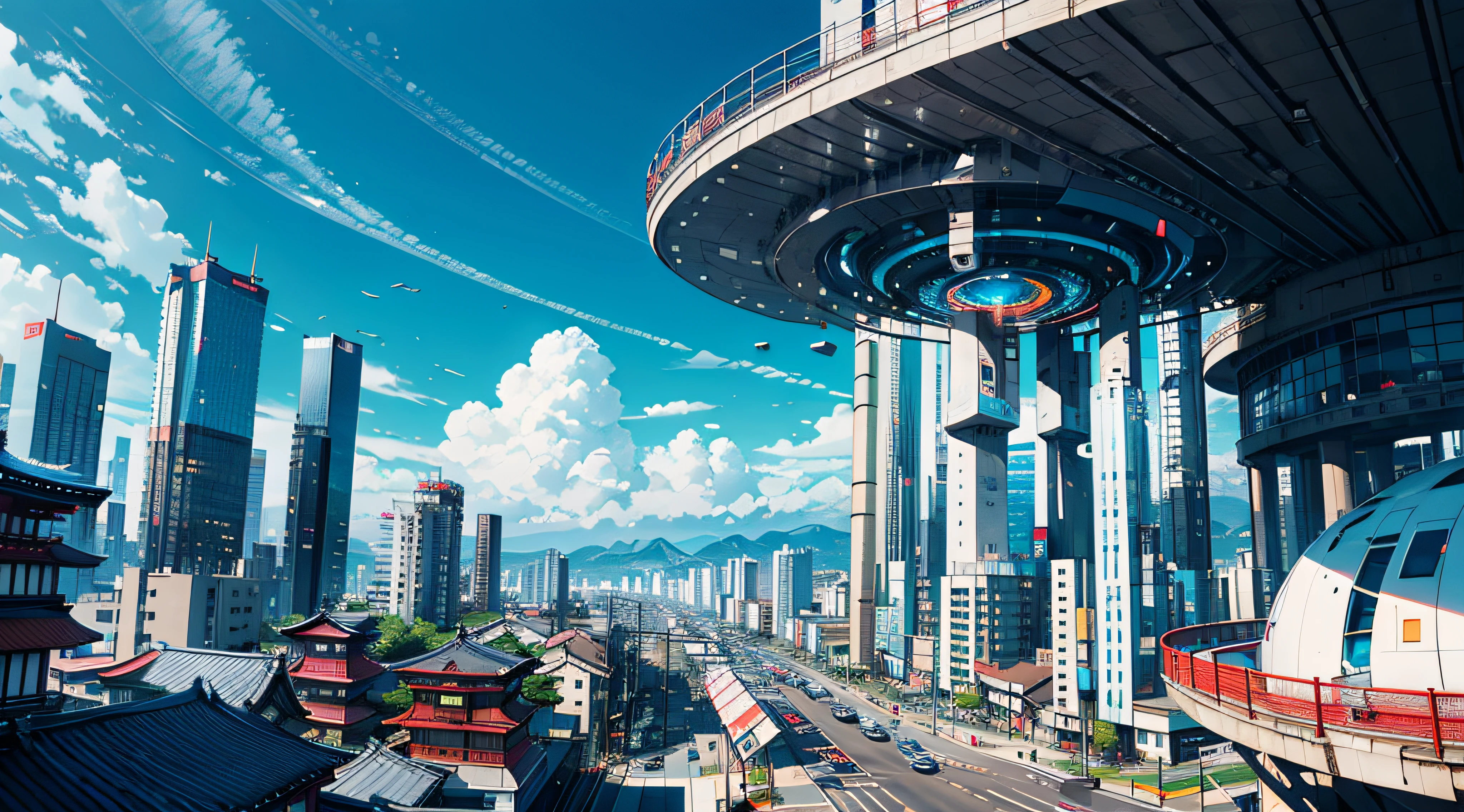 expansive landscape photograph (a view that shows futuristic Japanese city), a giant capsule on center of the city (noon day time), beautiful blue sky, blue and white tone color, intricate details,
(masterpiece:1.2), (best quality), 4k, ultra-detailed, (dynamic composition), highly detailed, colorful details, futuristic, Japanese
