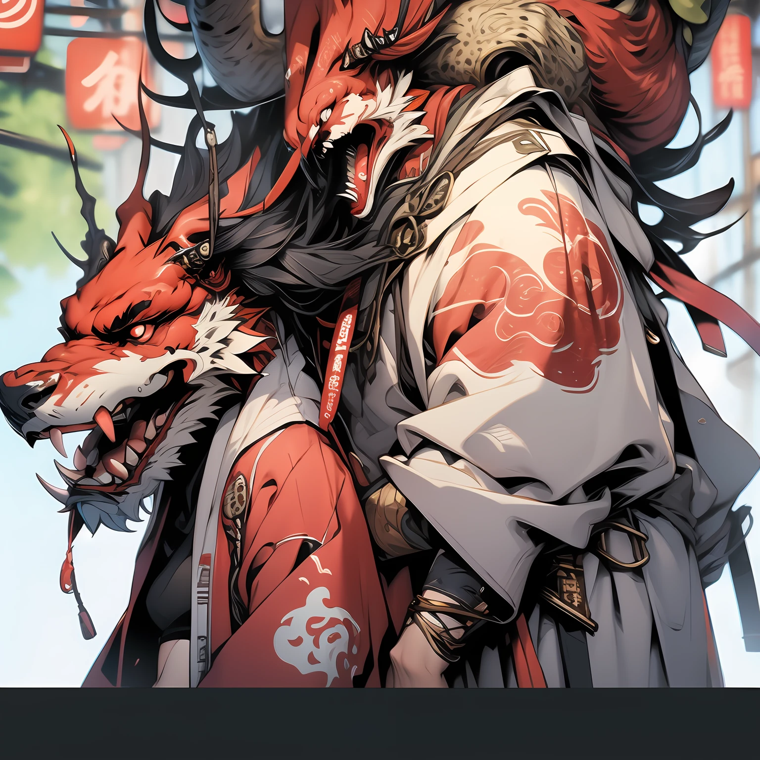 guilty gear, full_body, front view, legs, leg_up, tattoo, flat chest, girl,woman,female, absurdly long hair, wavy hair, hair pulled back, double bun, undercut, two-tone hair, flowing hair, huge ahoge, detailed beautiful face, smug, red dragon eye, fang, medium_breasts, midriff, zettai_ryouiki, red eyes, cross, piercing, (chinese_clothes), puffy_sleeves, miniskirt,skindentation,holding a big fan,skindentation, hood_down, red platform shoes, (white Clothes), chinese style architecture behind, busy street, There is battlefield behind the girl, fighting, highres, extremely detailed CG unity 8k wallpaper, very, precise detailed,
