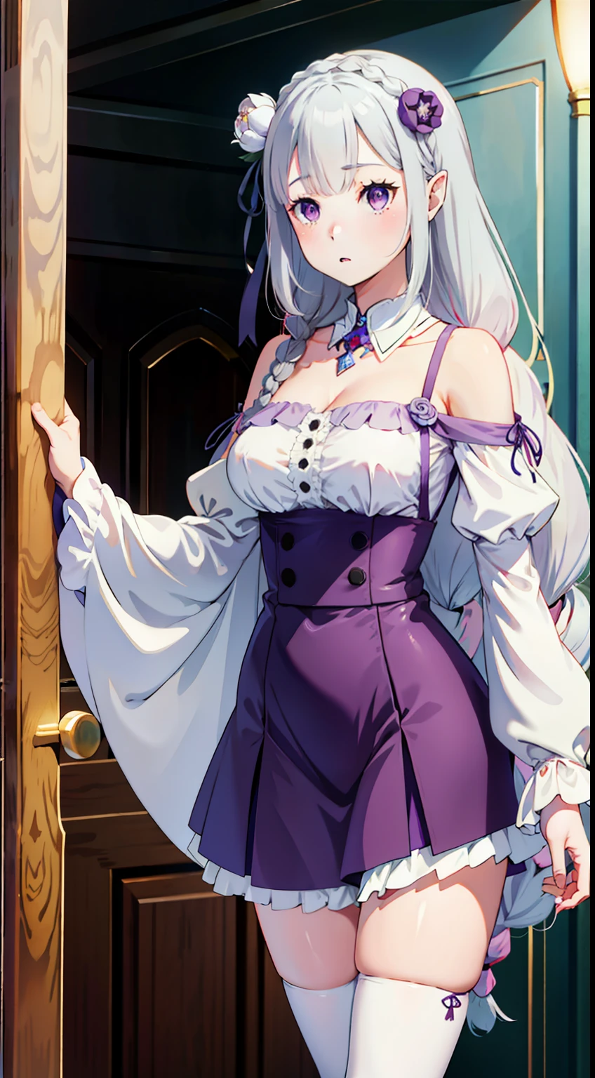 1girl in, 独奏, Emilia, Emilia_\(Re:Staynight\), The long-haired, silber hair, bluntbangs, Braids, hair adornments, Hair Flowers, Hair Ribbon, Purple Ribbon, Purple Eye, red blush, low-tied long hair, elvish, doress, Bare shoulders, Detached sleeves, Wide sleeves, cleavage of the breast, pleatedskirt, thighs thighs thighs thighs, White leg coat, white shoe, plein air, (​masterpiece:1.2), Hi-Res, top-quality, 8K, extremely clear,(iceberg:1.4)