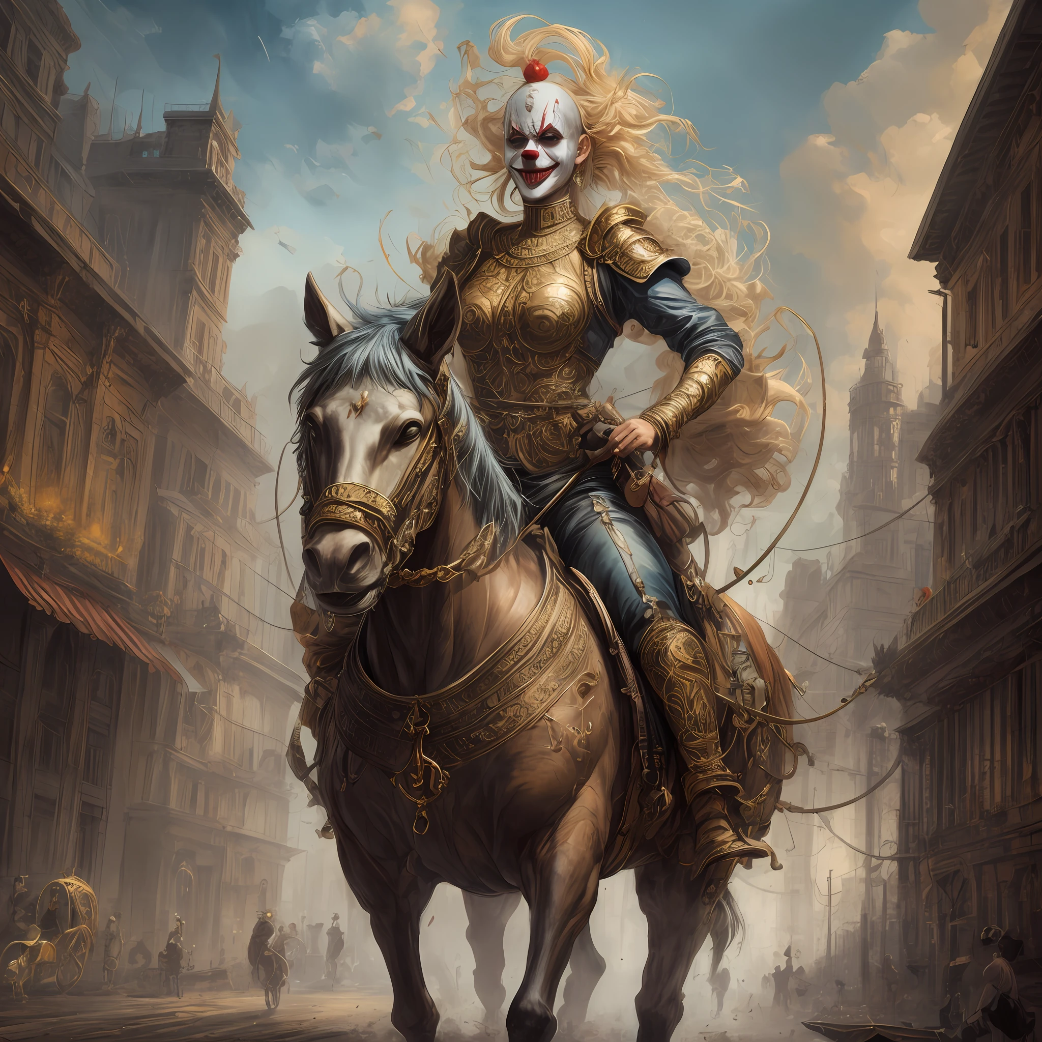 creepy clown riding merry go around, horror, highly detailed, high quality, high resolution, hd, fine details, by tim okamura, victor nizovtsev, greg rutkowski, noah bradley. trending on artstation, 8k, masterpiece, fine detail, intricate detail, golden ratio illustration --auto --s2