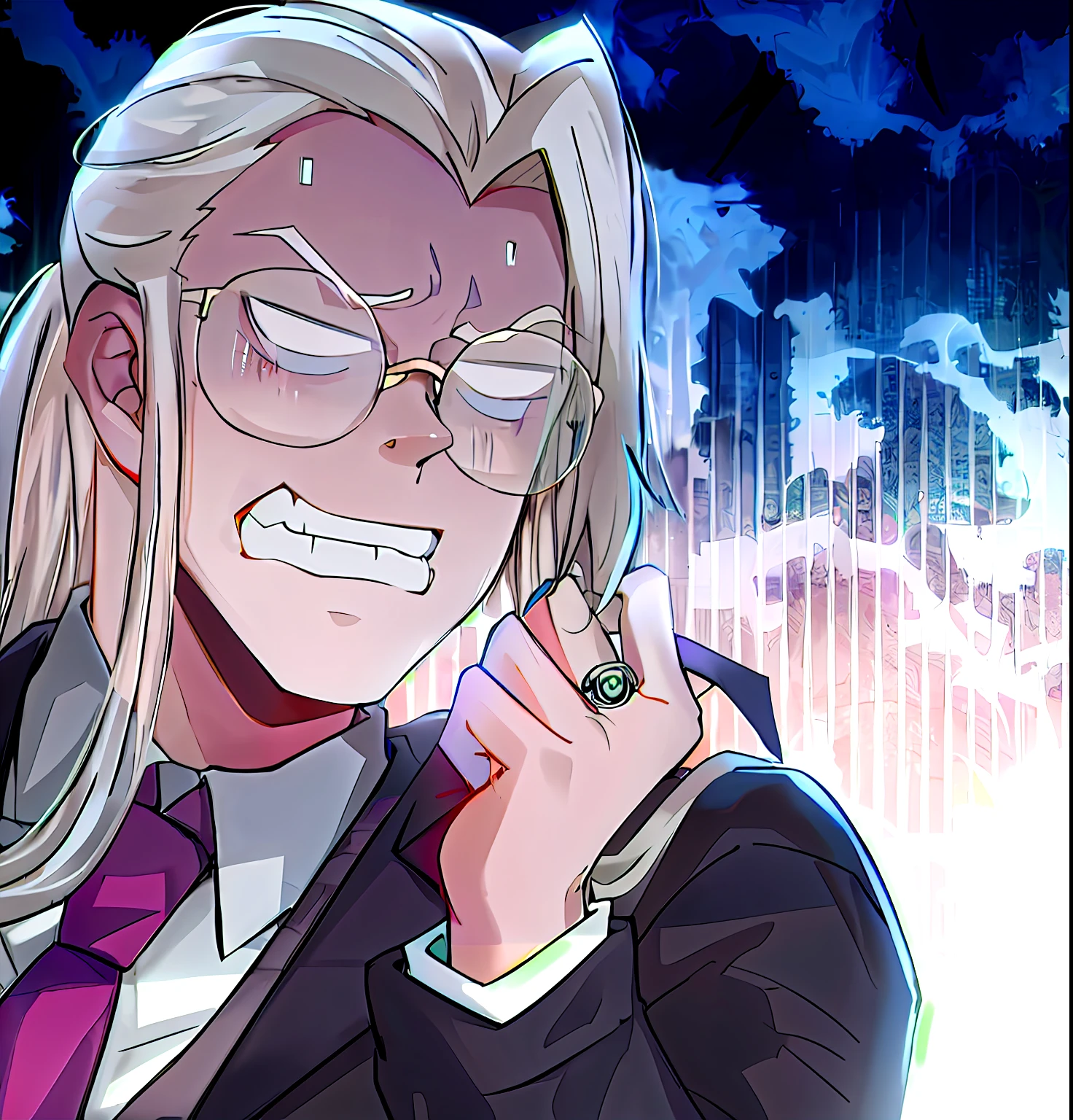 Anime character with white hair and glasses in suit and tie, digital art from danganronpa, joe biden as an anime villain, dapper dream demon, johan liebert mixed with alucard, nagito komaeda from danganronpa, handsome guy in demon killer art, nefarious smirk, nagito komaeda, roguish smirk