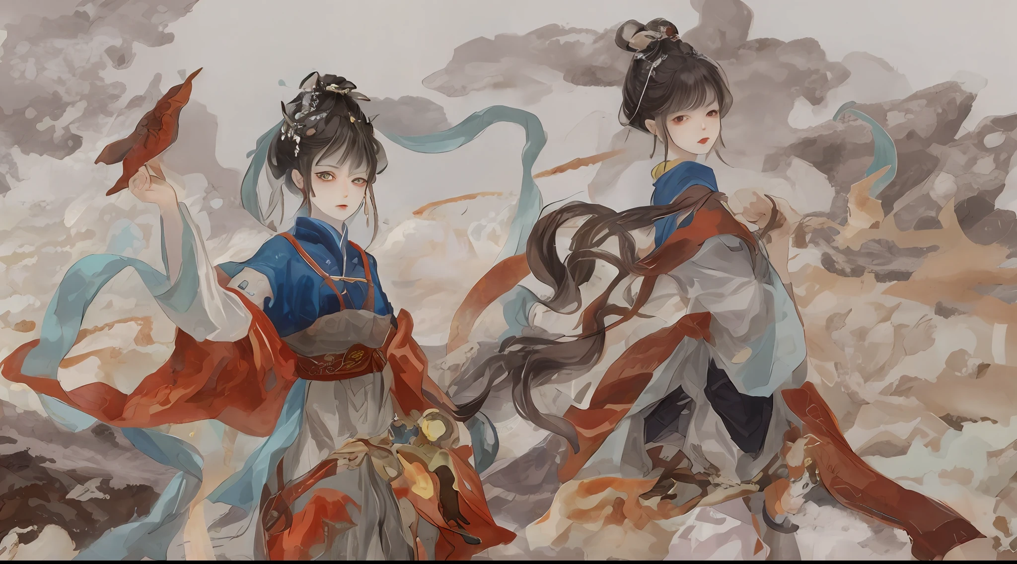 An ancient Chinese beauty sitting on a stone, wearing ancient Chinese clothing, flowing tulle, light silk, lazy posture, large lotus leaf, lotus, ink painting style, clean color, decisive cutting, blank, freehand, masterpiece, super detailed, epic composition, high quality, the highest quality, 4k --v 6