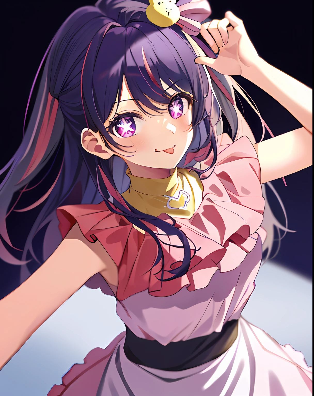 1girl, full bodyesbian, Cowboy photos, (Rembrandt), illustration, (masterpiece), (best quality), (ultra_detailed), finely detail, (Depth of field), HshinoAi, mitts, Stick out her tongue, Tongue stock, long whitr hair, pop star\ (symbol\), looking at viewer, (purple hair:1.2), purple eyes, upper body, hair ornament, :p, frills, pink shirt, smile, sleeveless, shirt, idol, symbol-shaped pupils, hands up, Brags smiles，无袖，Lolita prostitute，idoly，Purple pupils，Raise Hand，By bangs，One side facing up，，Arms up，Skirt pulling，，isometry，looking from above，Skysky，blossoms，precipice，