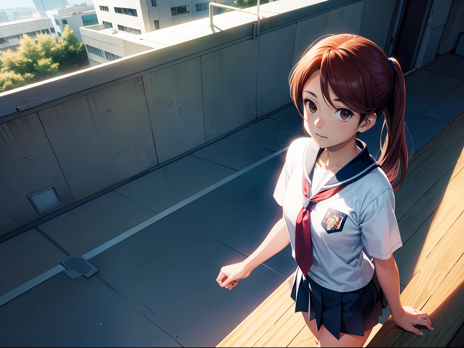 Mitsuru Adachi comic book style. High school roof deck,Sunlight shines,