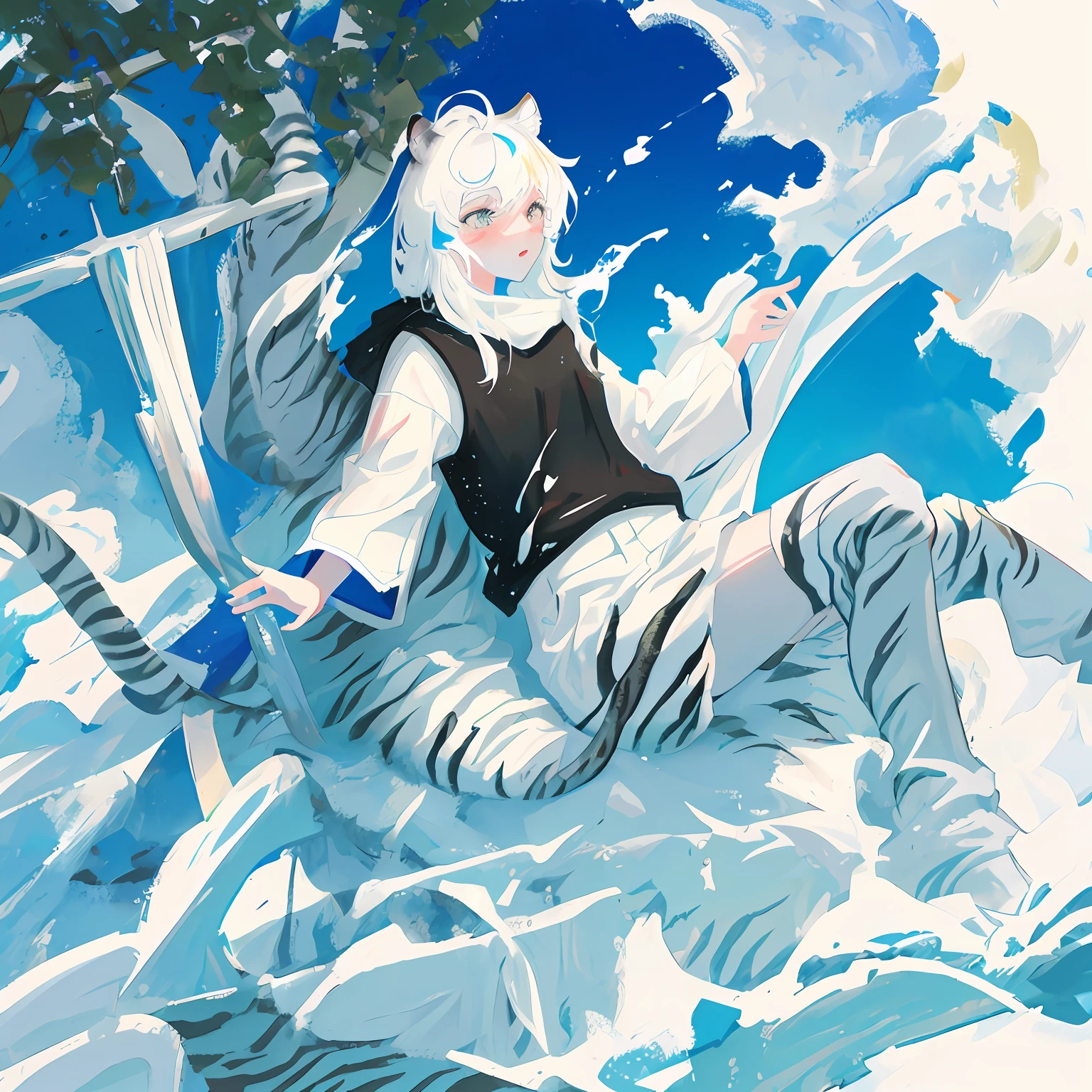 A color painting of a white tiger with scattered splashes, white background