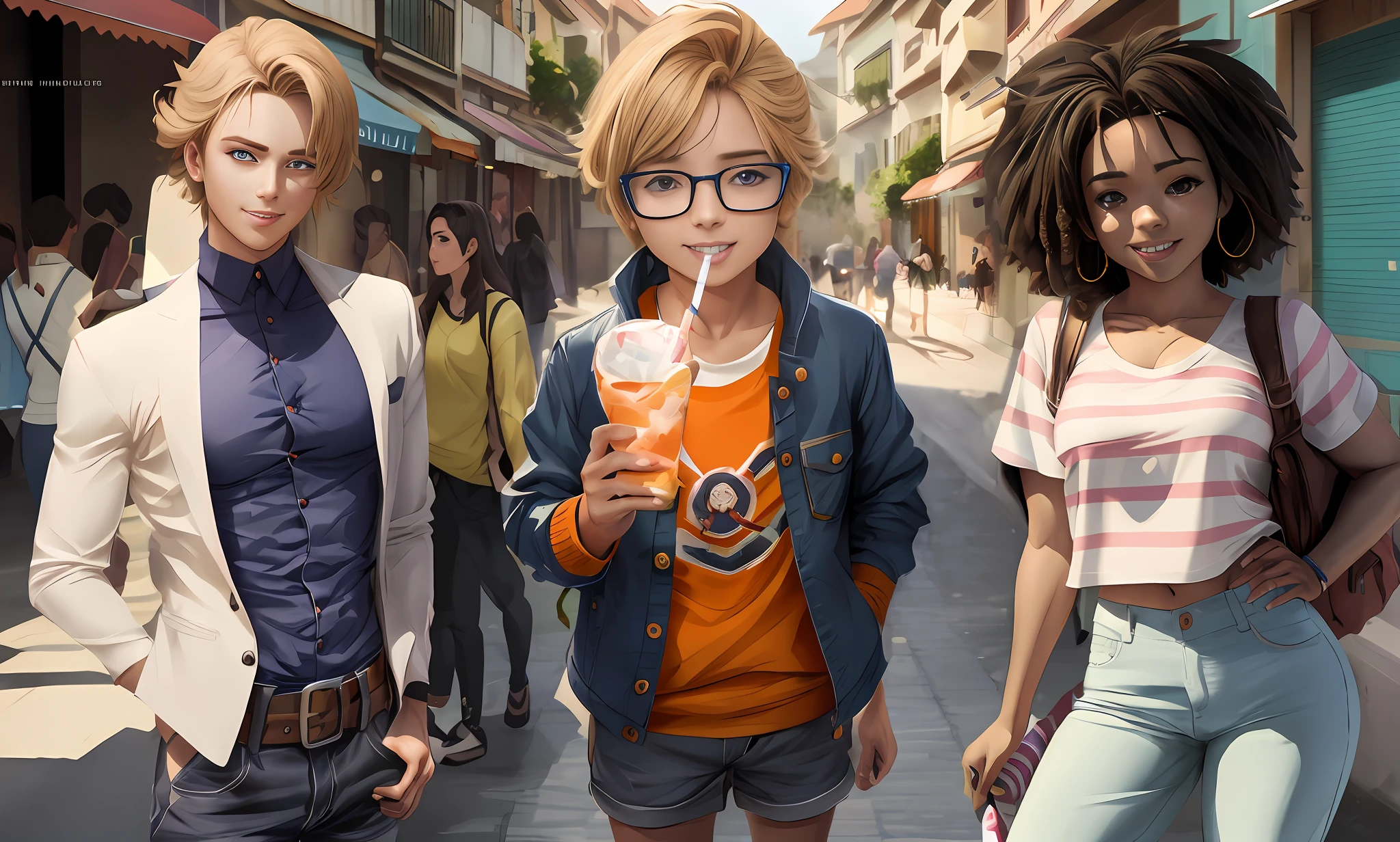 three characters [a young blond boy, a blond boy with blue glasses, and a young brunette girl with afro hair] on a street with one holding a drink, realistic anime 3 d style, artwork in the style of guweiz, smooth anime cg art, photorealistic anime girl render, realistic anime artstyle, anime realism style, lois van baarle and rossdraws, 3 d anime realistic, adorable digital painting, ross tran style, anime styled digital art