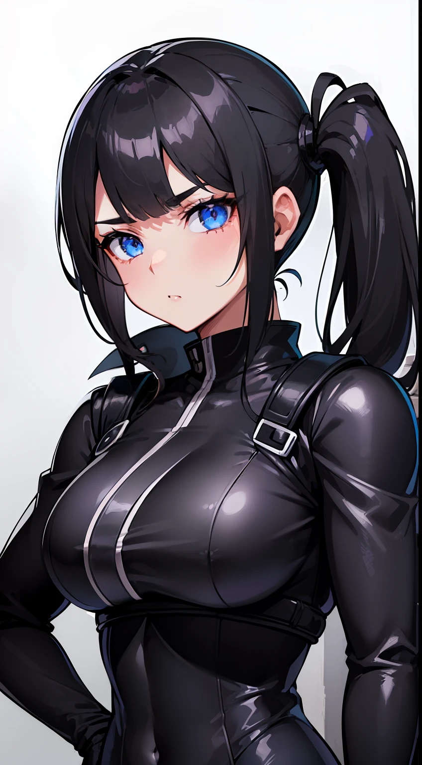 ​masterpiece、top-quality、hight resolution、profetional lighting、anime styled、Details of the face and clothes、Solid white background 、1womanl、Upper body shot from the front、(Beautiful busty female ninja standing facing the front :1.3)、(Mature face and body :1.1)、Turn your face and look straight ahead、(Wear only a black combat bodysuit that covers your whole body、Black leather gloves :1.2)、(A dark-haired、side ponytail of left :1.4)、(side swept bangs、Side bangs :1.3)、(Cool Face、blue eyess、Hanging eyes :1.2)、put hands on the hip、Tsundere