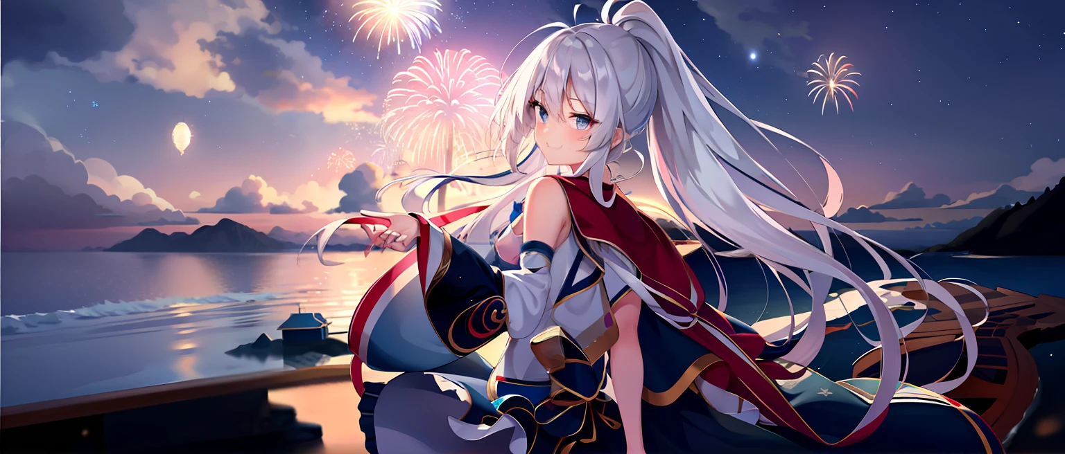 Back focus,full bodyesbian,Ray tracing,Loli girl moonlight lake glass,High saturation,Fireworks,Starry sky,Sea,beach,Extremely detailed Cg Unity 8K wallpaper,Anime screencap,Perfect female body,High ponytail,White_Hair,Red_Eyes,Looking back,arms out,anklet,Light smile,Beautiful detailed eyes,summer long skirt,Summer dress,Barefoot,flat_chest,Best quality,Amazing,Beautiful detailed eyes,{An extremely delicate and beautiful girl},finedetail,Depth of field,{full bodyesbian},white streaked  hair,Red eyes,Five fingers,Five toes,in cold face,