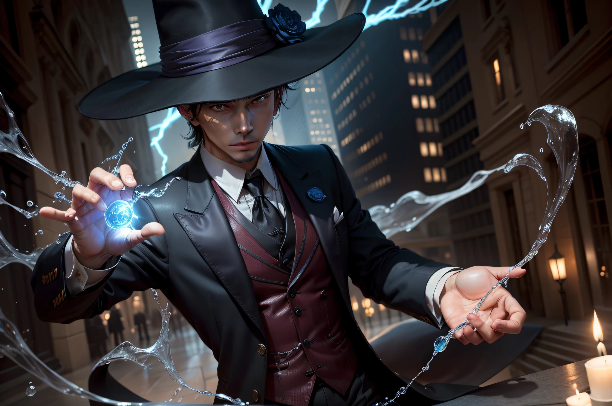 Sorcerer manipulating water、Arms Spread Pose、Beautiful hands、(Detailed fingers)、Sorcerer in a suit、Boulevards of the city、Magician with a serious face