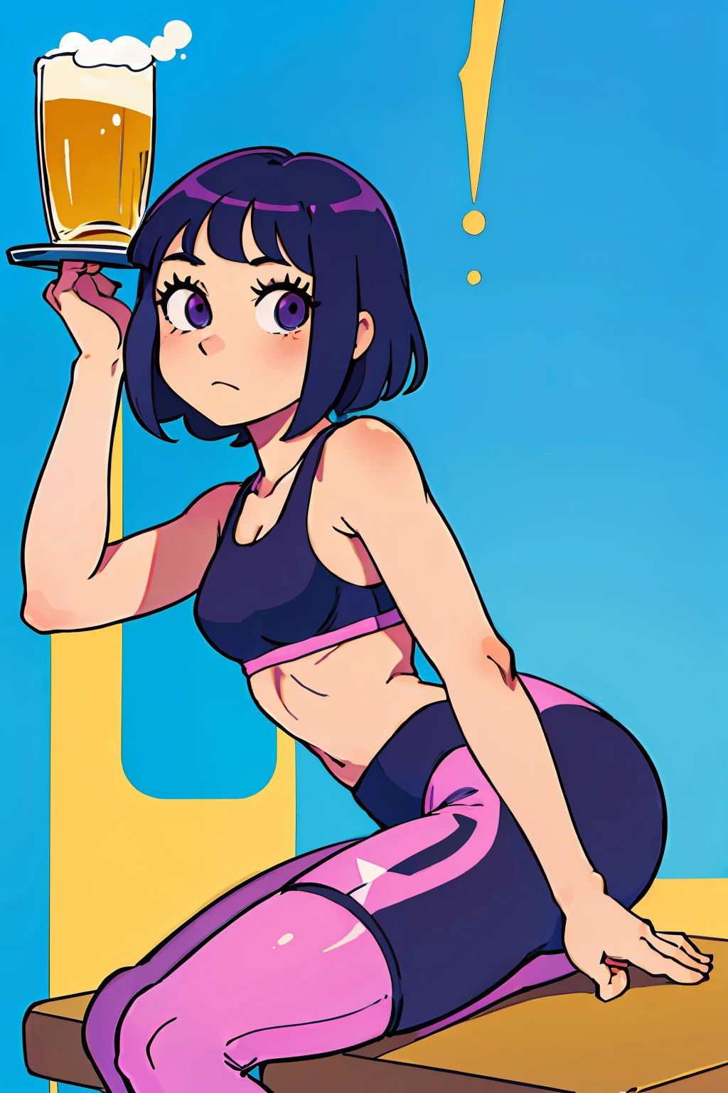 (best-quality:0.8),
(best-quality:0.8), perfect anime illustration, Dora the explorer, , yoga tights, gym bra, sitting in the club holding a glass of beer