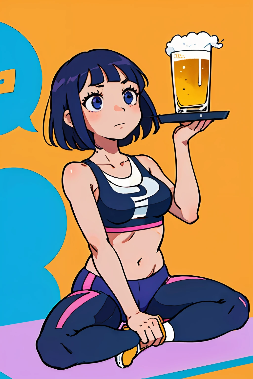 (best-quality:0.8),
(best-quality:0.8), perfect anime illustration, Dora the explorer, , yoga tights, gym bra, sitting in the club holding a glass of beer