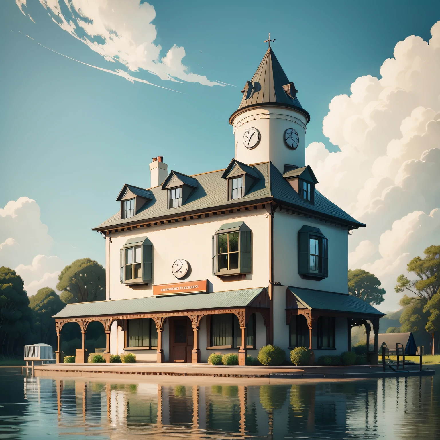 Reservoir Station Hotel Stylized Leisure Rest Riverside Cartoon Two-dimensional Caravan There is a water tower above the house