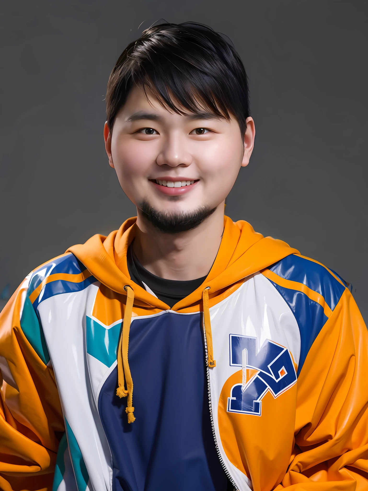 A Chinese male high school student,Wear a PVC color sweatshirt,with hat