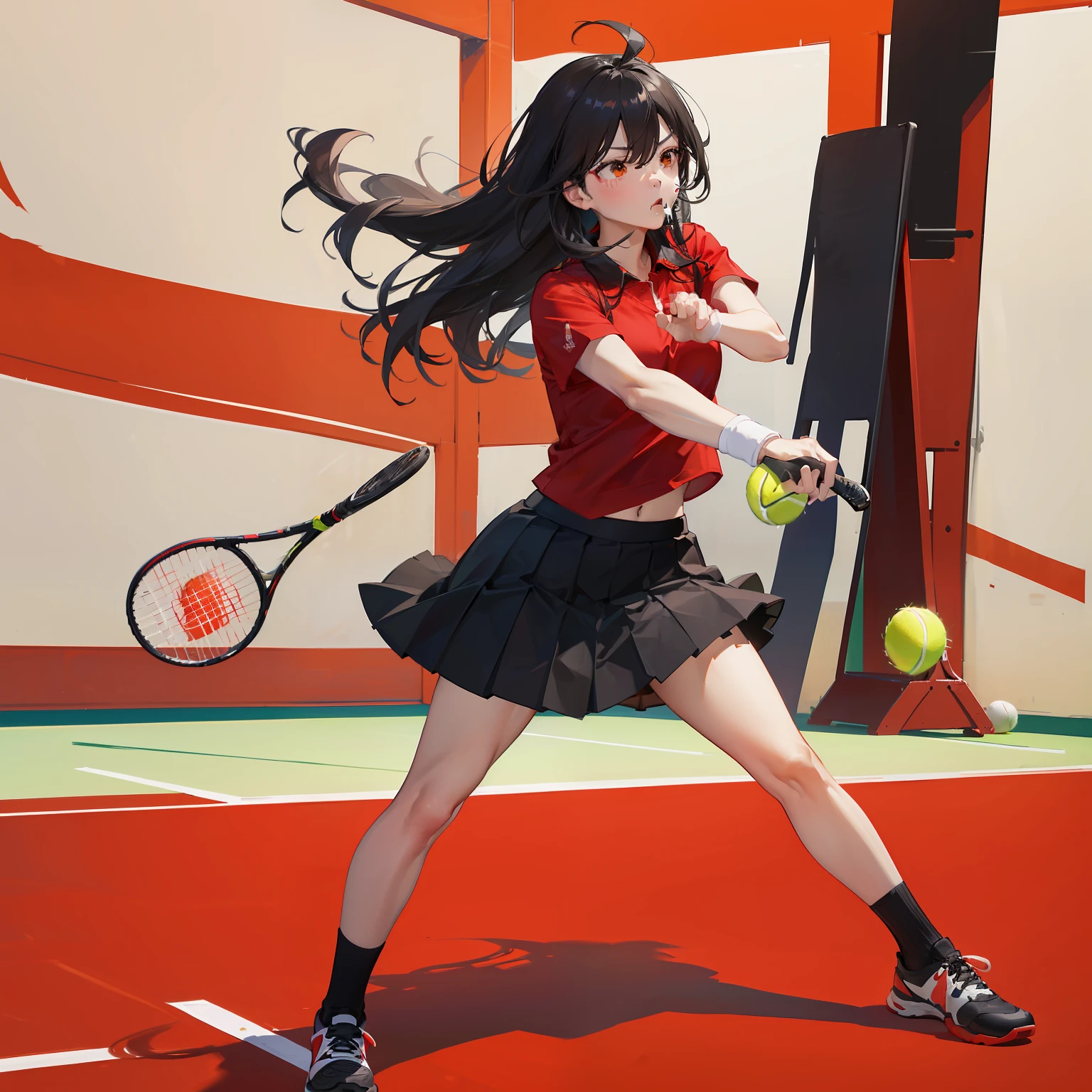 masterpiece、hightquality、vivd colour、(((Long Black Hair)))、(((Red Shirt)))、(((a black skirt)))、(((Playing tennis)))、(((A tennis ball hits you in the face)))