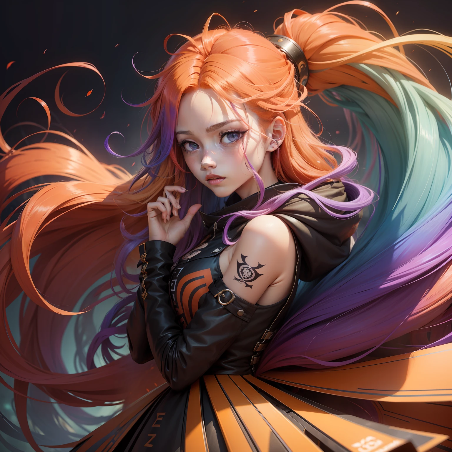 soul card, line,
 (disheveled hair),[orange hair:purple buttom hair:0.8],forehead,zoe,long hair,multicolored hair,blue and purple  eyes,,(colored inner hair:1.1),(gradient hair:1.1),[:purple hair:0.8],