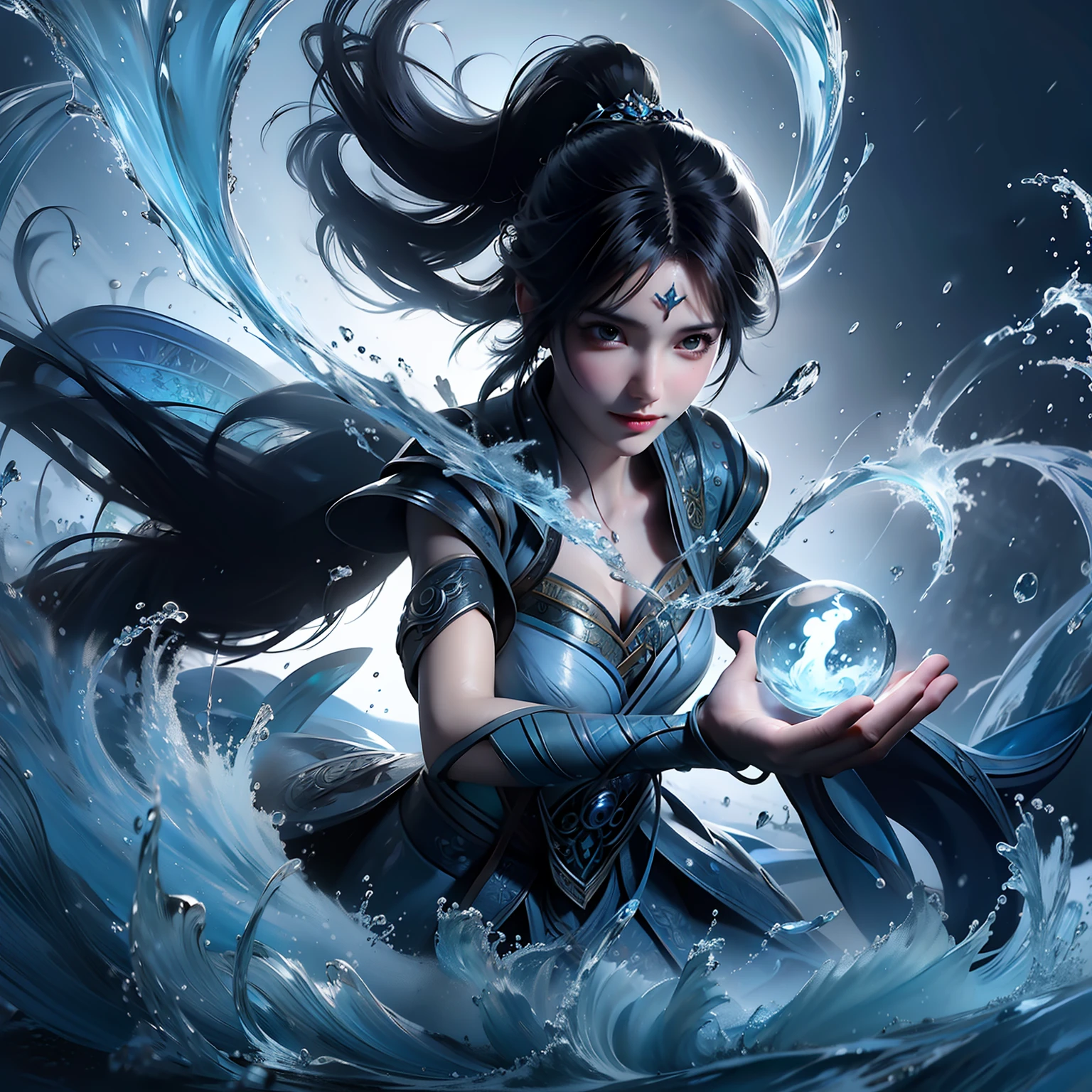 Close-up of a man holding a ball in the air, Asian Woman Water Elemental, a sorceress casting a ice ball, closeup fantasy with water magic, beautiful avatar picture, Fantasy art style, Artgerm and Ruan Jia, graphic artist magali villeneuve, Beautiful digital artwork, trending digital fantasy art, water elemental, digital art fantasy art(high qulity)(tmasterpiece)(Best quality)(So meticulous)(ssmile)