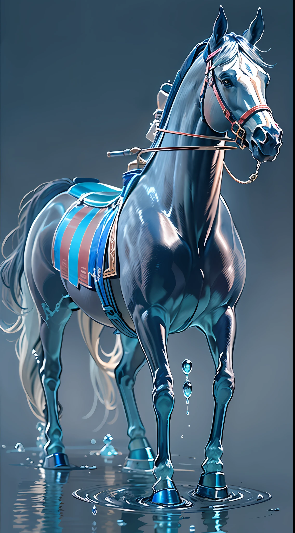 (Clear glass crafts,cavalos:1.4),blue colors,Transparent horse,Run,Eau,drippy,A large amount of water is covered with transparent craft horses,8K分辨率,Works of masters,tmasterpiece,super-fine,Detailed pubic hair,acurate