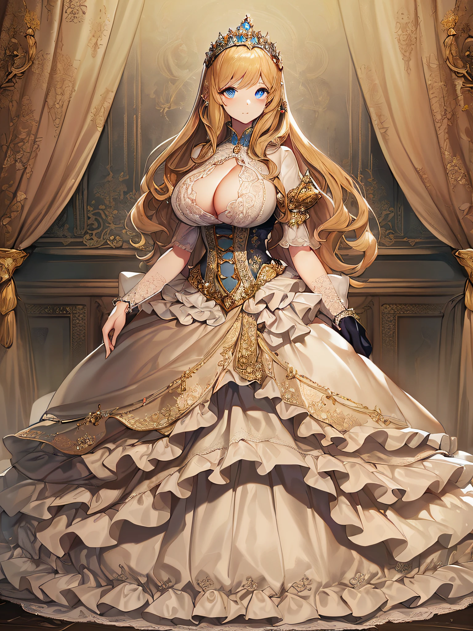 ((anime artstyle)),(Masterpiece),(Best Quality), (Super Detail),((Very Delicate and Beautiful)),((Solo)),((full body)),((1 princess in gorgeousfull rococo princess dress)),detailed face and eyes,jewel-like eyes,((voluminous Very Long Straight Hair)),((gorgeousfull embroidery and lace)),gorgeous corsage,See-through,gorgeousfull hair ornament,gorgeousfull glitter jeweled tiara,ornate ruffles,((gigantic breasts,Long breasts)),skindentation,((full body)),((hoop skirt,crinoline)),Dynamic Angle,Looking at viewer,royal victorian palace,(((gorgeous embroidery gorgeousfull rococo princess dress)),full body