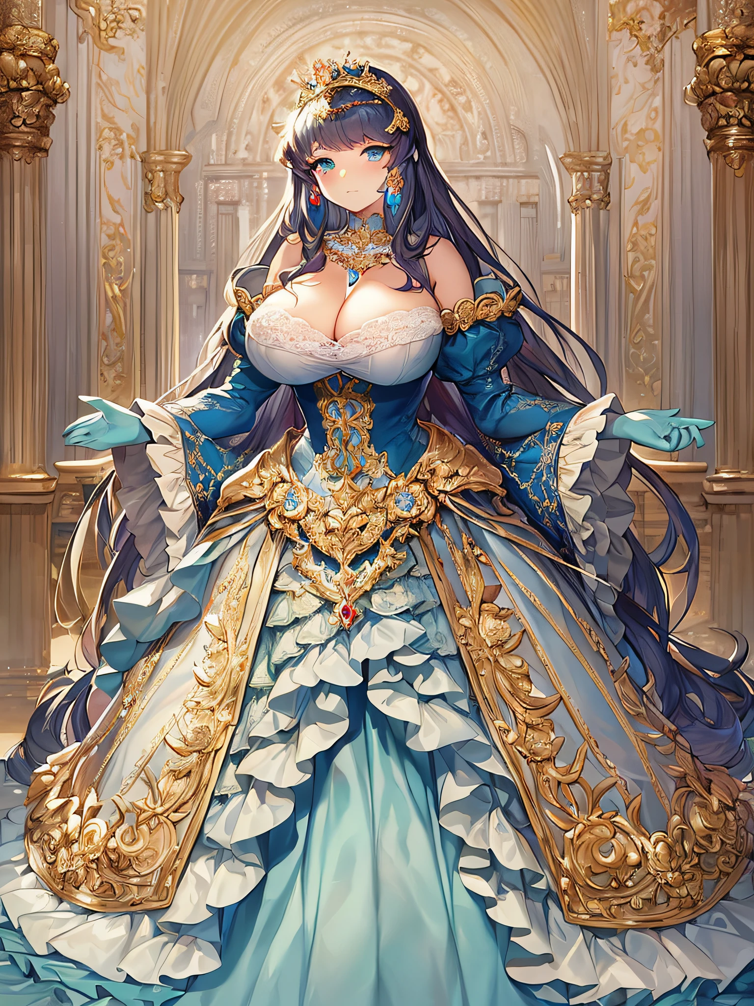 ((anime artstyle)),(Masterpiece),(Best Quality), (Super Detail),((Very Delicate and Beautiful)),((Solo)),((full body)),((1 princess in gorgeousfull rococo princess dress)),detailed face and eyes,jewel-like eyes,((voluminous Very Long Straight Hair)),((gorgeousfull embroidery and lace)),gorgeous corsage,See-through,gorgeousfull hair ornament,gorgeousfull glitter jeweled tiara,ornate ruffles,((gigantic breasts,Long breasts)),skindentation,((full body)),((hoop skirt,crinoline)),Dynamic Angle,Looking at viewer,royal victorian palace,(((gorgeous embroidery gorgeousfull rococo princess dress)),full body