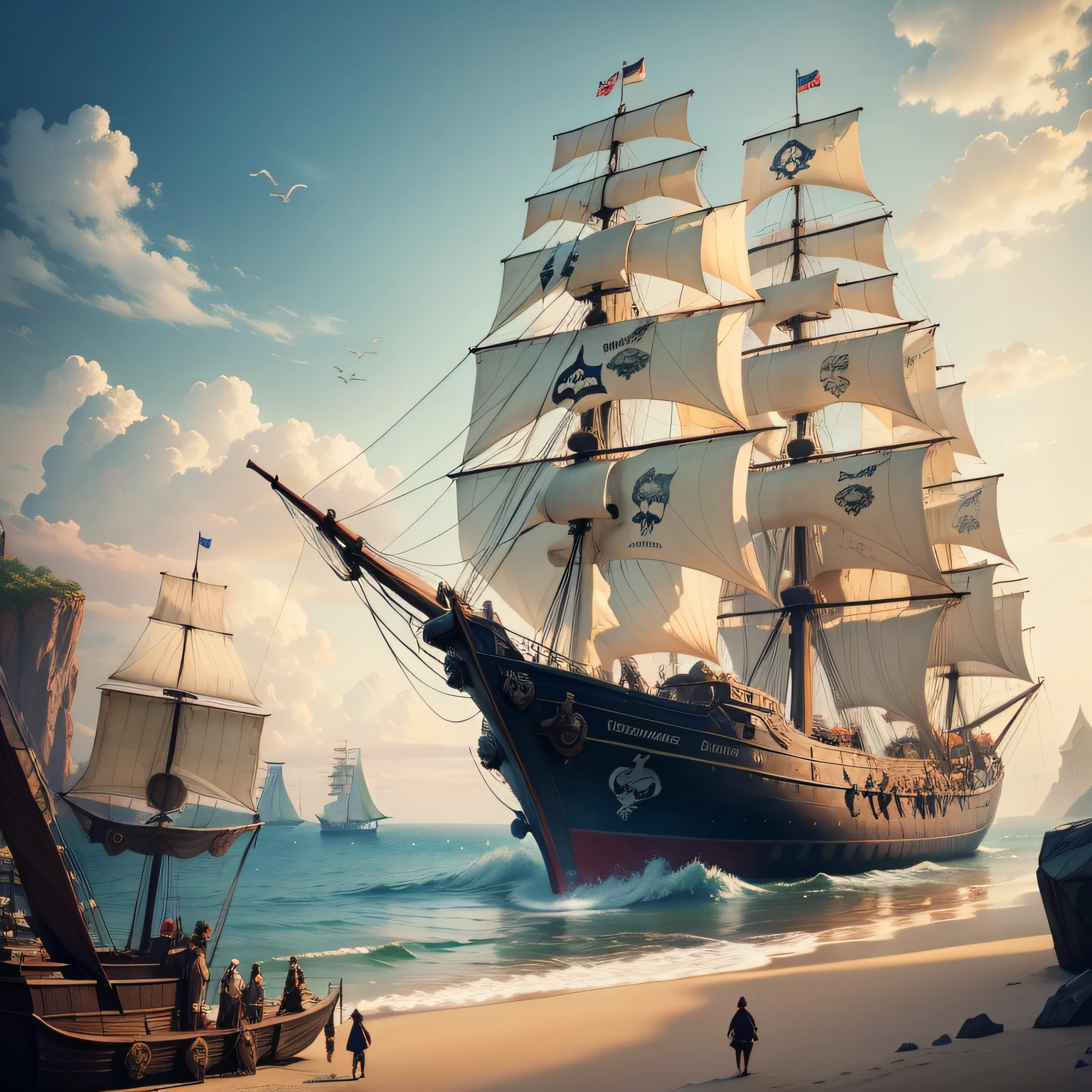 Pirates hold a banquet on the island，The pirate ship docked in the distance