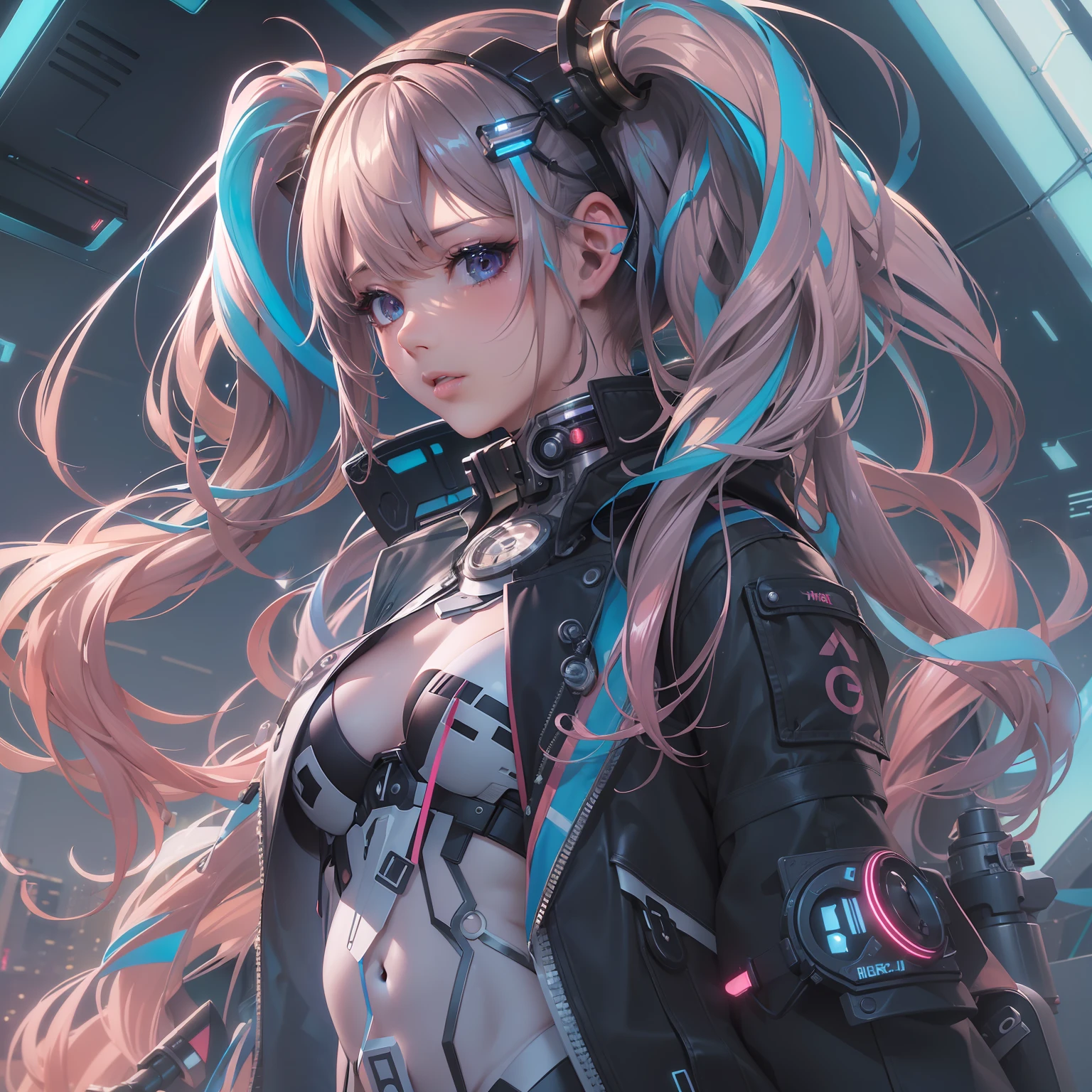 (((masterpiece)))、(((top-quality)))、((ultra-definition))、(High Definition CG Illustration)、((extremely delicate and beautiful))、、Cinematic Light、独奏、full body Esbian、cyberpunked、2070s、animesque、dreamy cyberpunk girl、Hairstyle twin tails、rainbow hair、trending on artstationh、Rachel Walker、