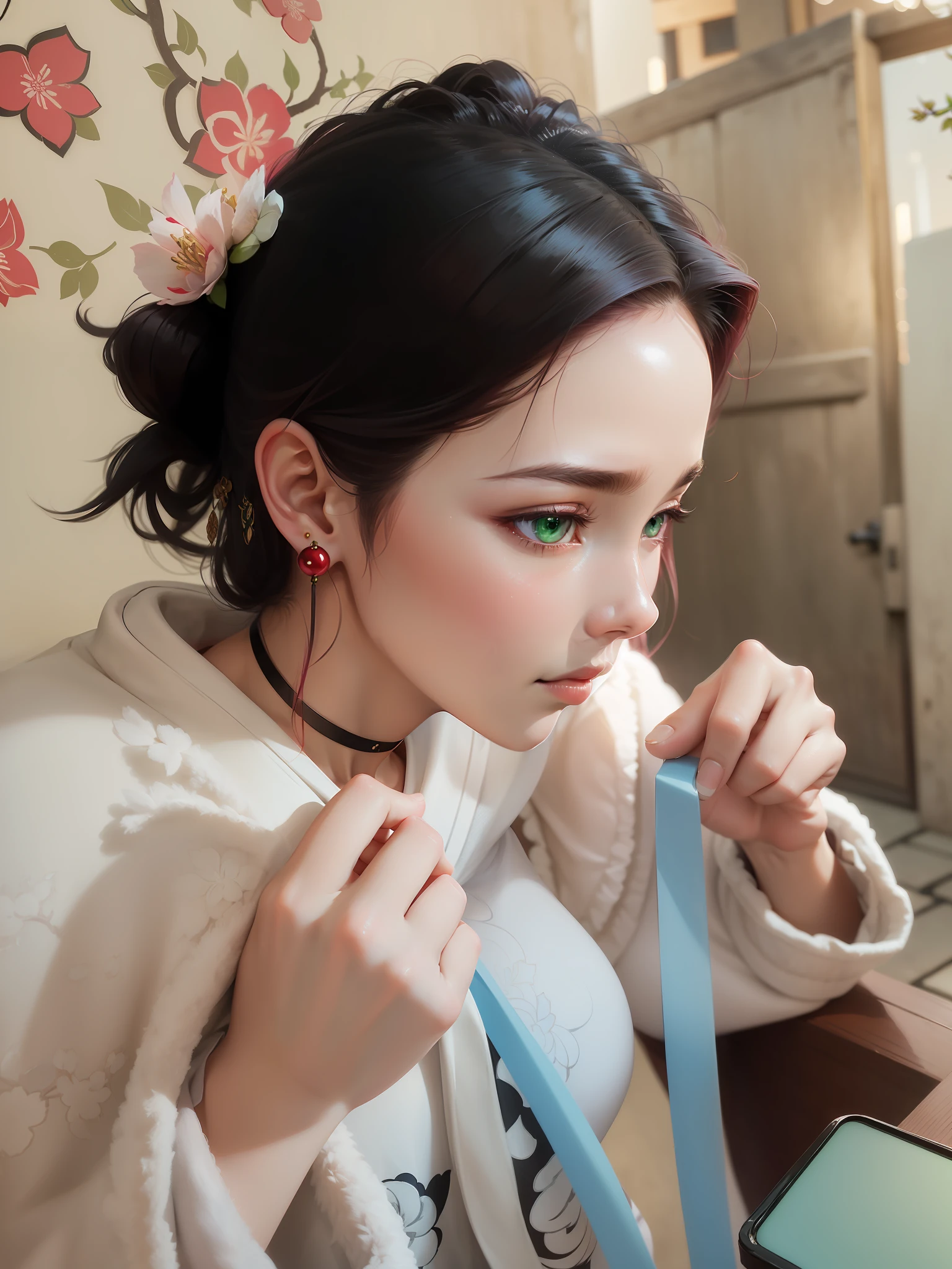 (Masterpiece, Excellent, 1girl, solo, complex details, color difference), realism, ((medium breath)), off-the-shoulders, big breasts, sexy, Yae Miko, long pink hair, red headdress, red highlight, hair above one eye, green eyes, earrings, sharp eyes, perfectly symmetrical figure, choker, neon shirt, open jacket, turtleneck sweater, against the wall, brick wall, graffiti, dim lighting, alley, looking at the audience, ((mean, seductive, charming)), ((cherry blossom background ))),((Japanese temple background)))), (((Glow-in-the-dark background)))