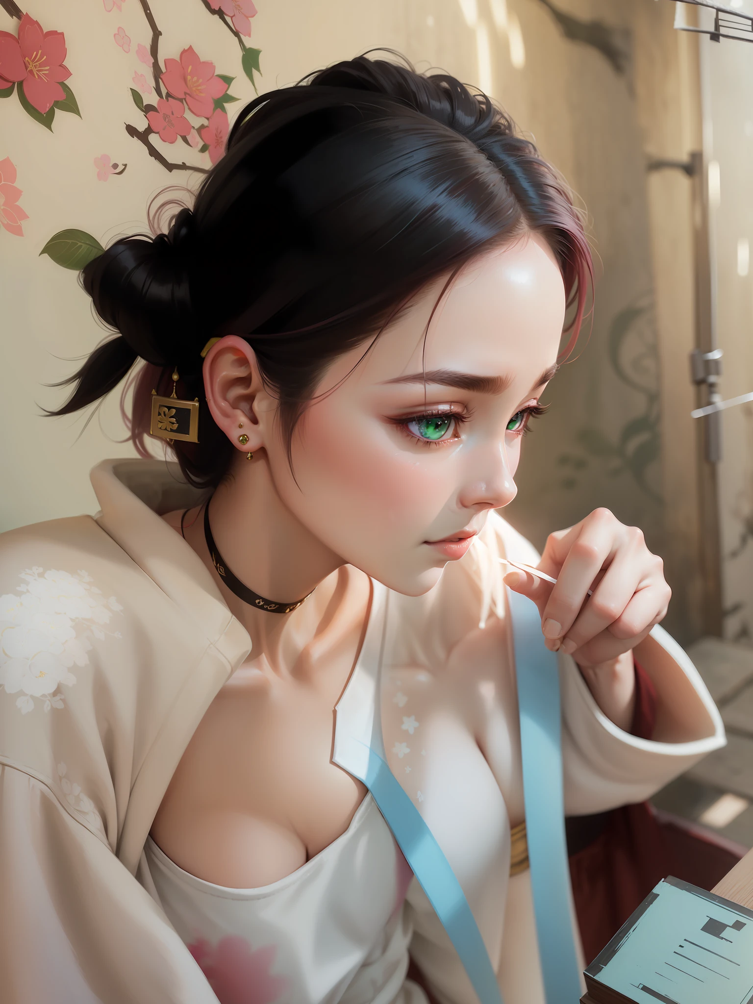 (Masterpiece, Excellent, 1girl, solo, complex details, color difference), realism, ((medium breath)), off-the-shoulders, big breasts, sexy, Yae Miko, long pink hair, red headdress, red highlight, hair above one eye, green eyes, earrings, sharp eyes, perfectly symmetrical figure, choker, neon shirt, open jacket, turtleneck sweater, against the wall, brick wall, graffiti, dim lighting, alley, looking at the audience, ((mean, seductive, charming)), ((cherry blossom background ))),((Japanese temple background)))), (((Glow-in-the-dark background)))