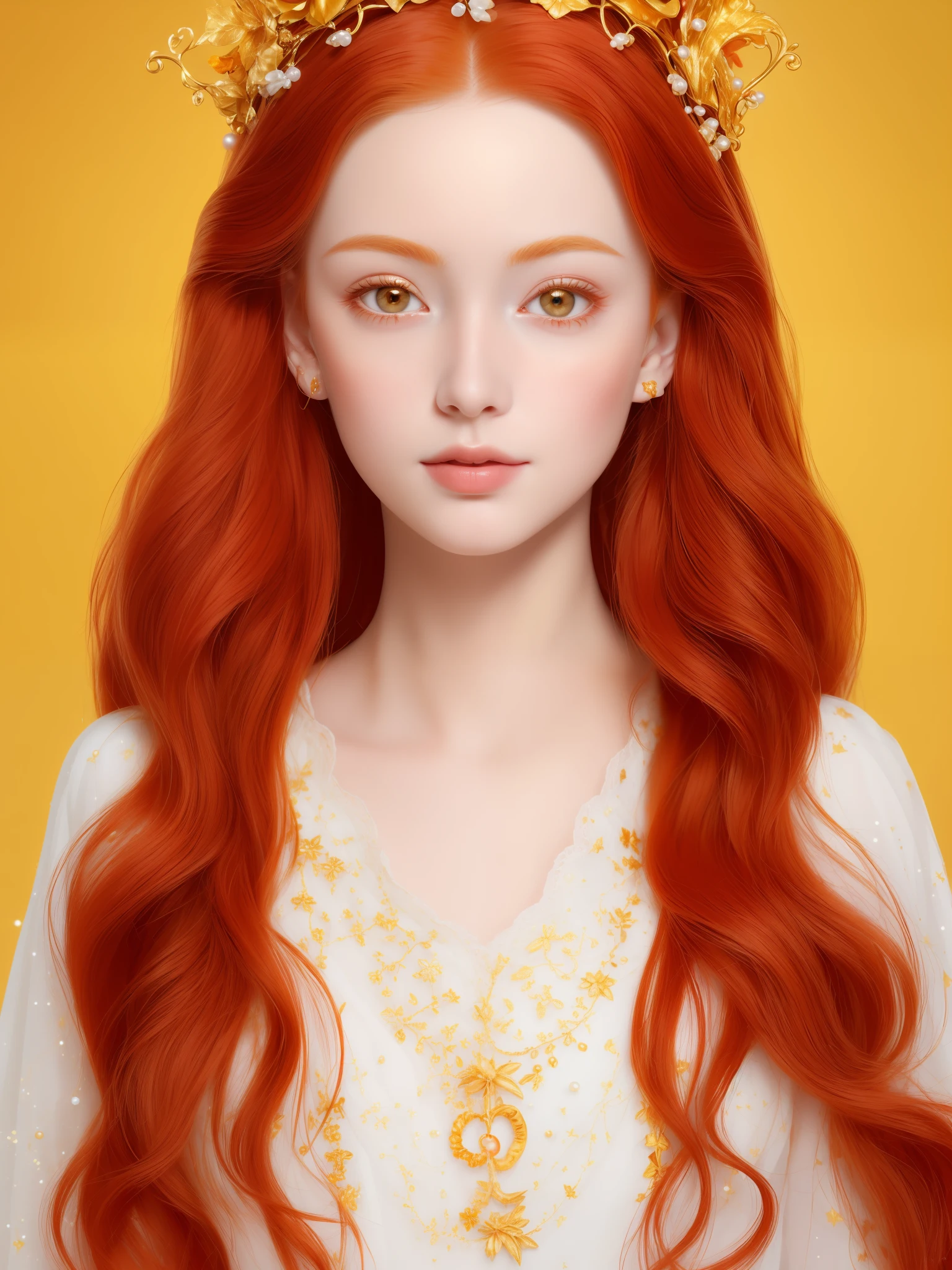 (((Masterpiece)), high quality, super detailed, red hair + golden clothing: 1.2, sweet and delicate girl, delicate facial features, perfect body, Lolita, crown, face with decoration, rose, bright bright colors, pearl white background, romantic long hair, natural light, warm and sweet, golden eyes, gorgeous hair decoration.