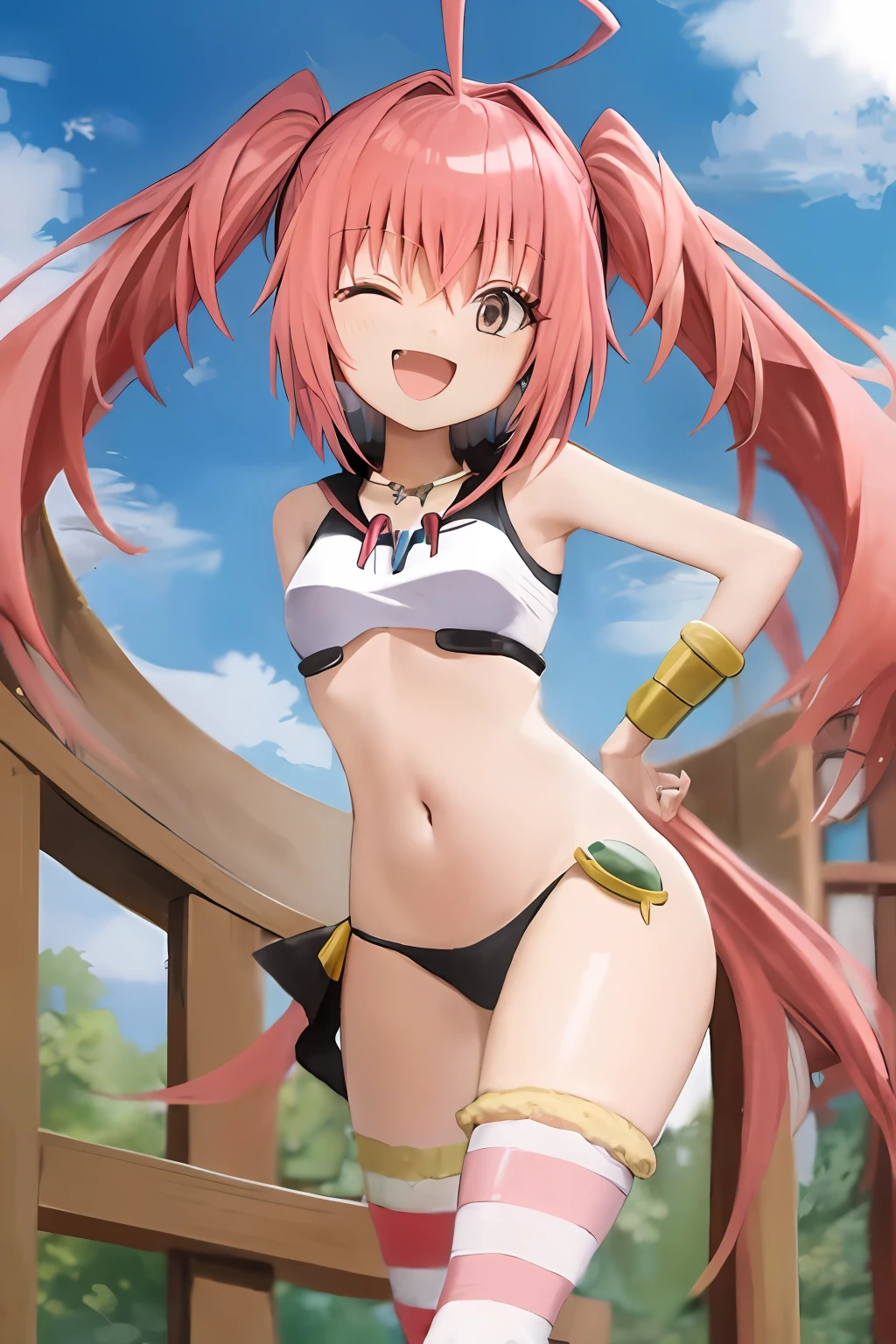 masterpiece, milim nava, tensei shitara slime datta ken, solo, :d, big smile, fang, sidelocks, pink hair, long hair, navel, asymmetrical legwear, bangs, best quality, outdoor