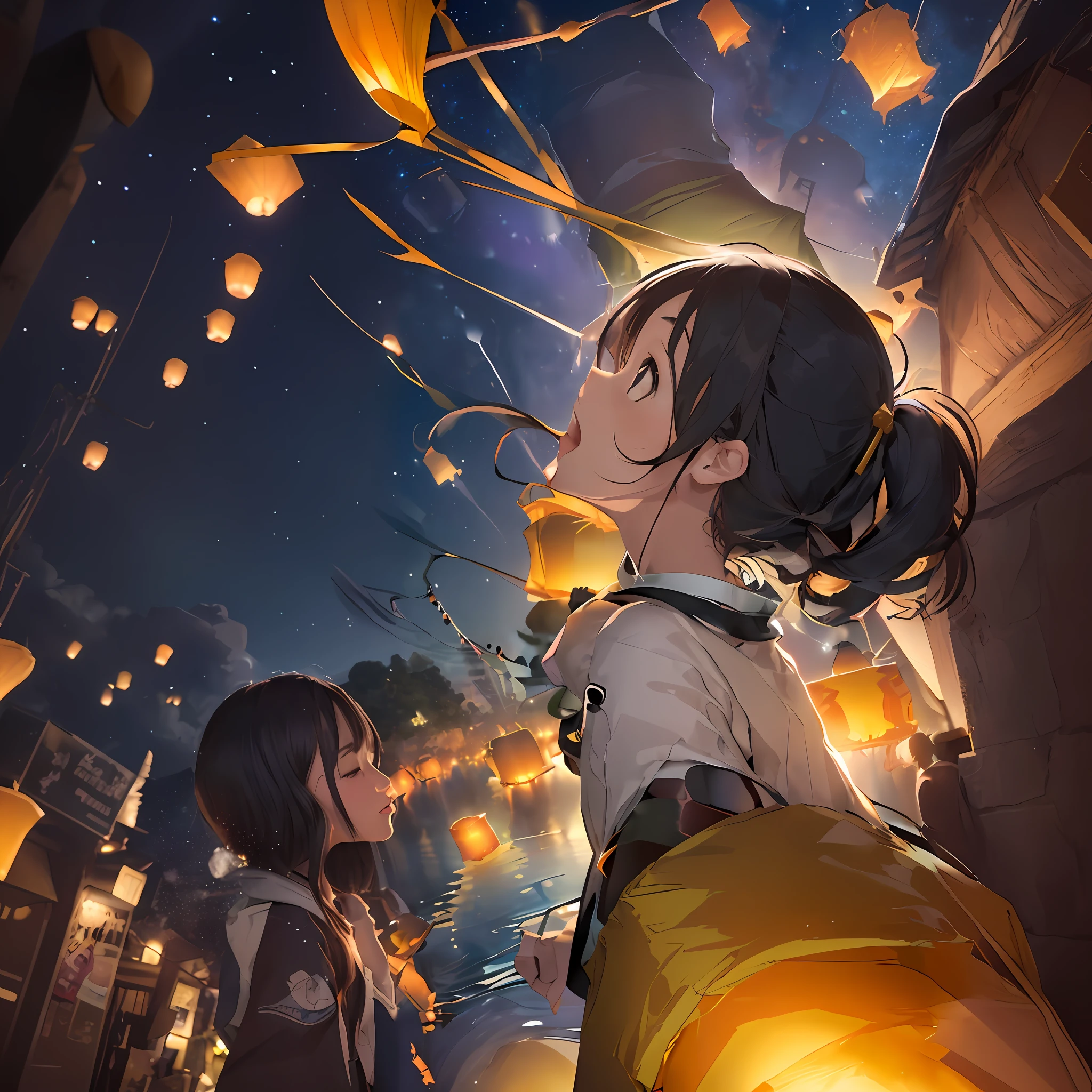 Anime girl looks up at the sky with many floating lanterns, guweiz, artwork in the style of guweiz, guweiz on pixiv artstation, Anime art wallpaper 8k, guweiz on artstation pixiv, anime art wallpaper 4k, anime art wallpaper 4k, artgerm and atey ghailan, kawacy