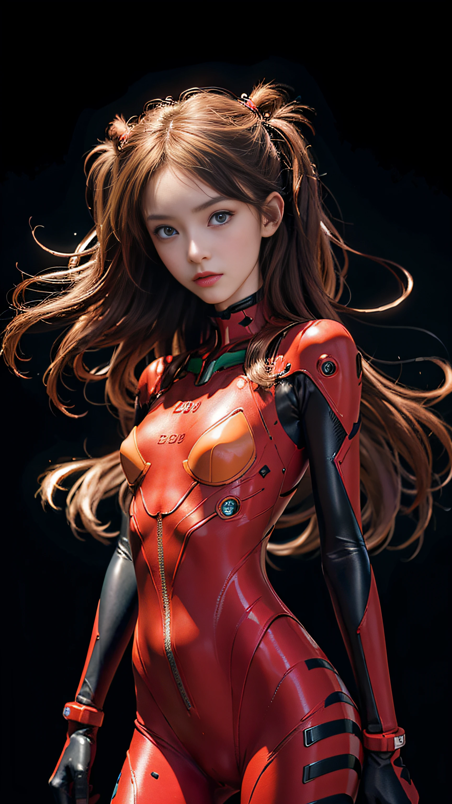 Super beautiful shining eyes、(((realisitic)))a picture, masterpiece, top-quality, 1girl in, a slender waist, top-quality, pale-skinned, Suryu Aska Langle, Plug Suit 02, Black background, (Face and eye details:1.1), Unique, red blush, ((full of shyness)), extremely delicate and beautiful girl, dynamicposes, (to8contrast style),
