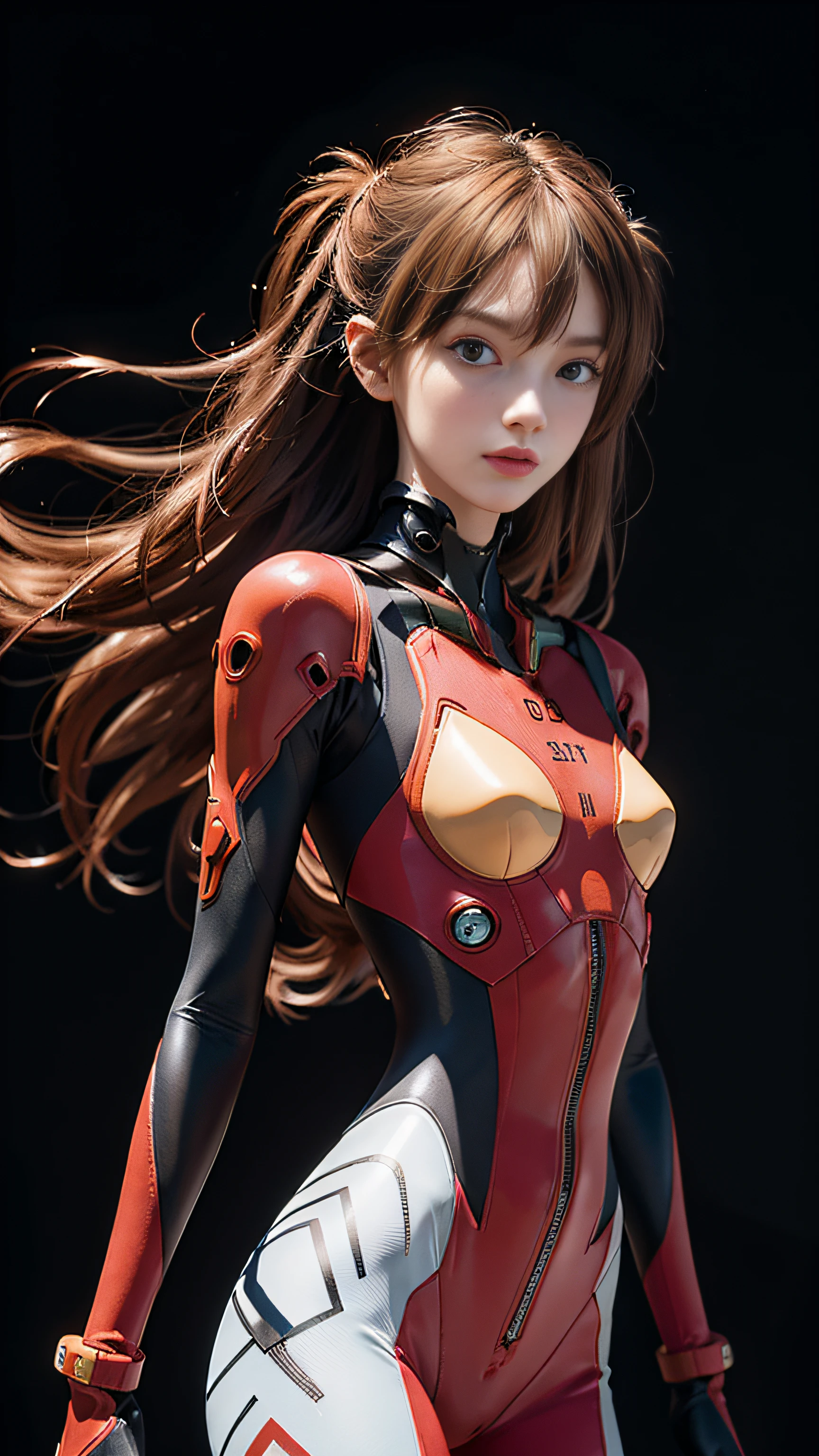 Super beautiful shining eyes、(((realisitic)))a picture, masterpiece, top-quality, 1girl in, a slender waist, top-quality, pale-skinned, Suryu Aska Langle, Plug Suit 02, Black background, (Face and eye details:1.1), Unique, red blush, ((full of shyness)), extremely delicate and beautiful girl, dynamicposes, (to8contrast style),