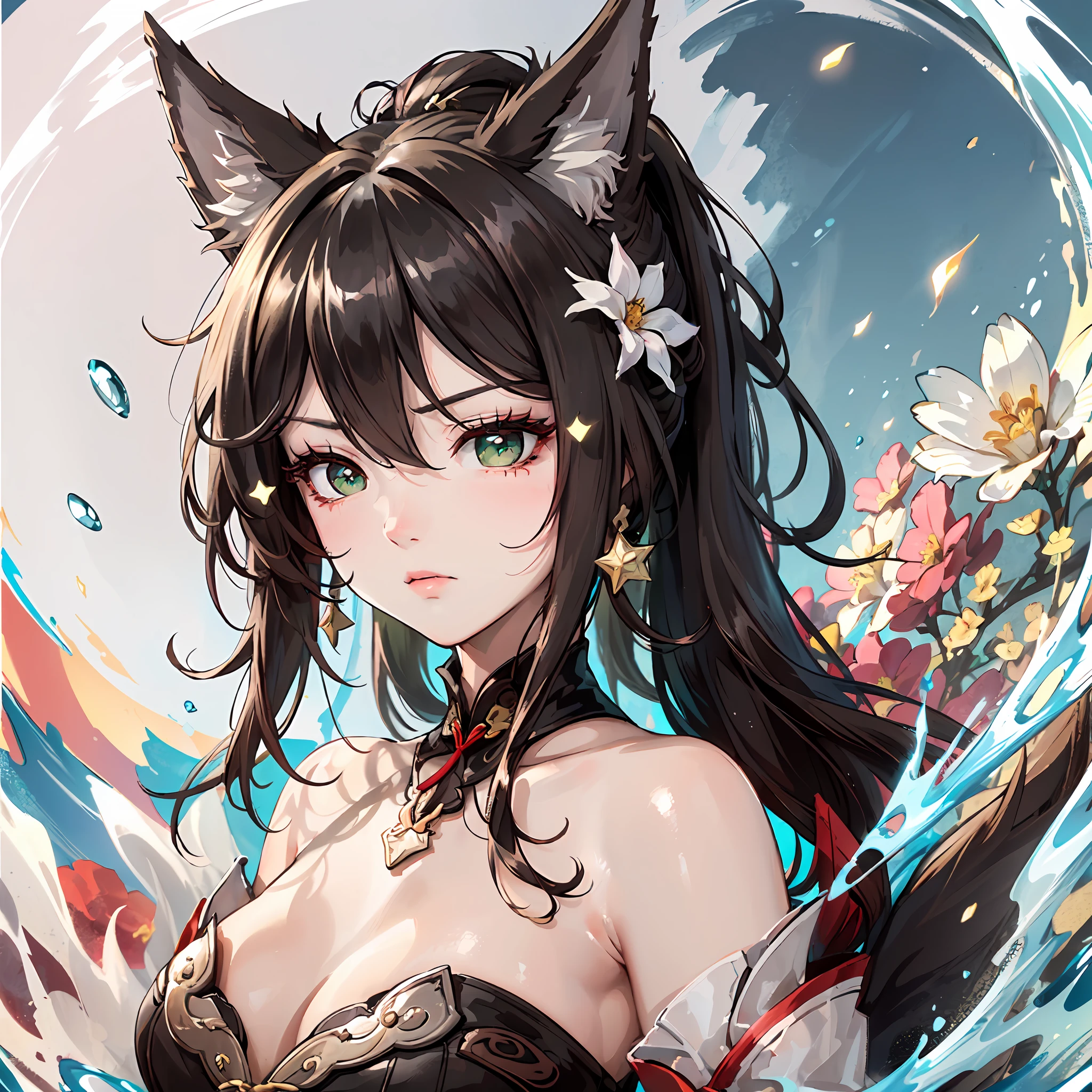 (Dynamic angle,head,headshot,Facial close-up,sky,water,imid shot, flower effect,particle effect,artistic effect:1.2), blush stickers,,(Big fox ears:1.2), angry, light frown,(floating and spread hair:1.2), (detailed and delicate and flexible eyes),(1girl,solo, Tingyun (Honkai Star Rail),splash ink,shout,dark brown hair,green eyes,bare shoulders, jewerly, ponytail, medium hair, brown hair, medium breasts,detached sleeves,), (corrpution:1.15), fov,f/1.8, side lighting, sunlight ,(masterpiece, best quality, Ultra Detail, wallpaper, detailed shiny skin, flawless, 8k, RAW, highres,absurdres,:1.3), (detailed super oily shiny skin:1.1), colorful, power,zhenbanqiao,bonian
