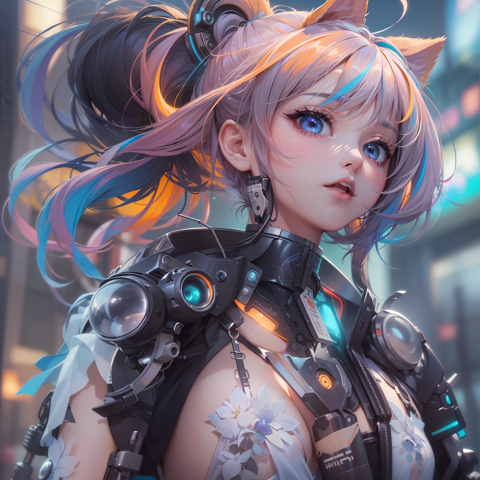 (((​masterpiece)))、(((top-quality)))、((ultra-definition))、(High Definition CG Illustration)、((extremely delicate and beautiful))、、Cinematic Light、独奏、full body Esbian、cyberpunked、2070s、animesque、dreamy cyberpunk girl、Hairstyle twin tails、rainbow hair、trending on artstationh、Rachel Walker、