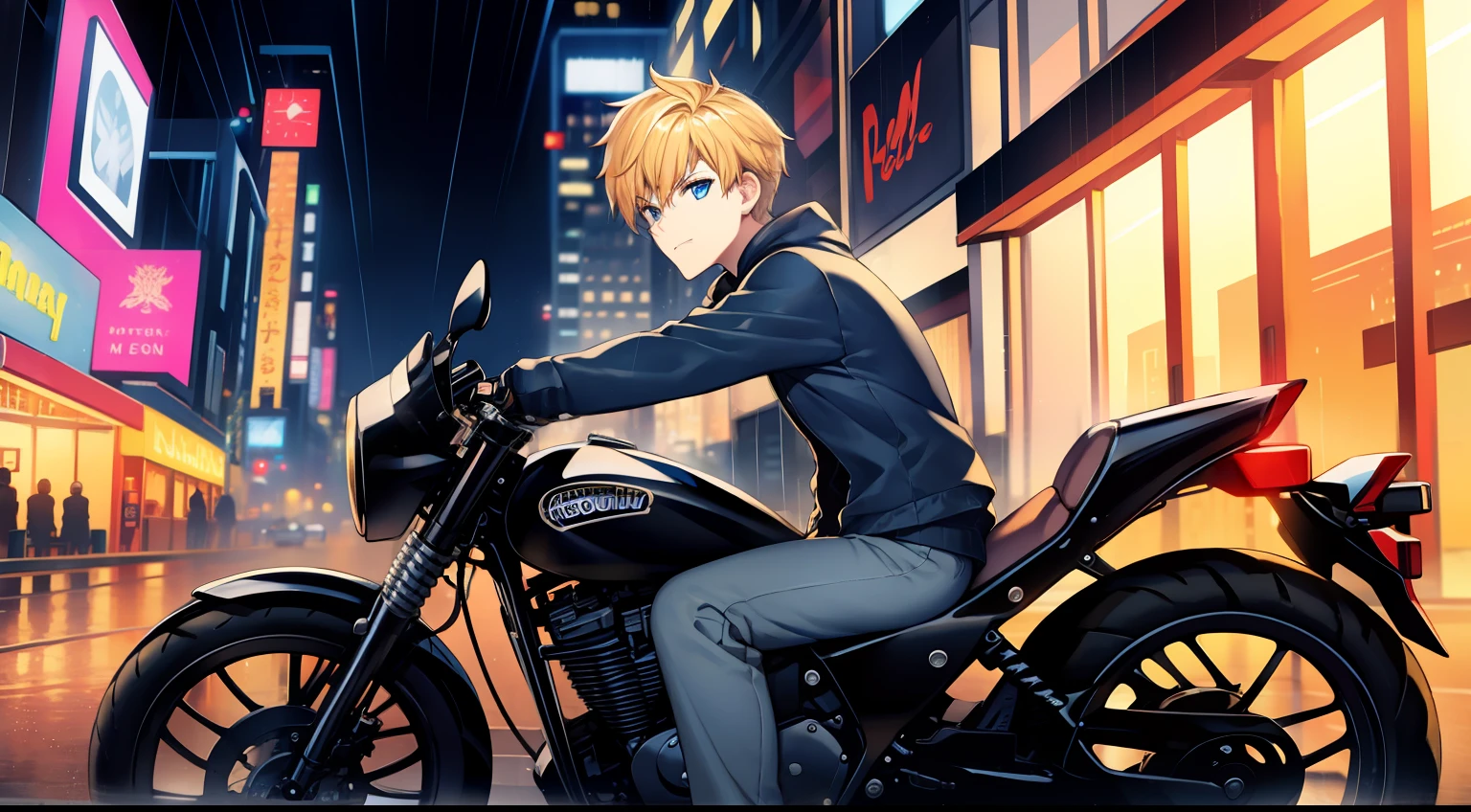 1boy,Drive a motorcycle,Faraway view,Golden hair,pony tails,blue color eyes,the night,Rainy days,city neon light,jaket